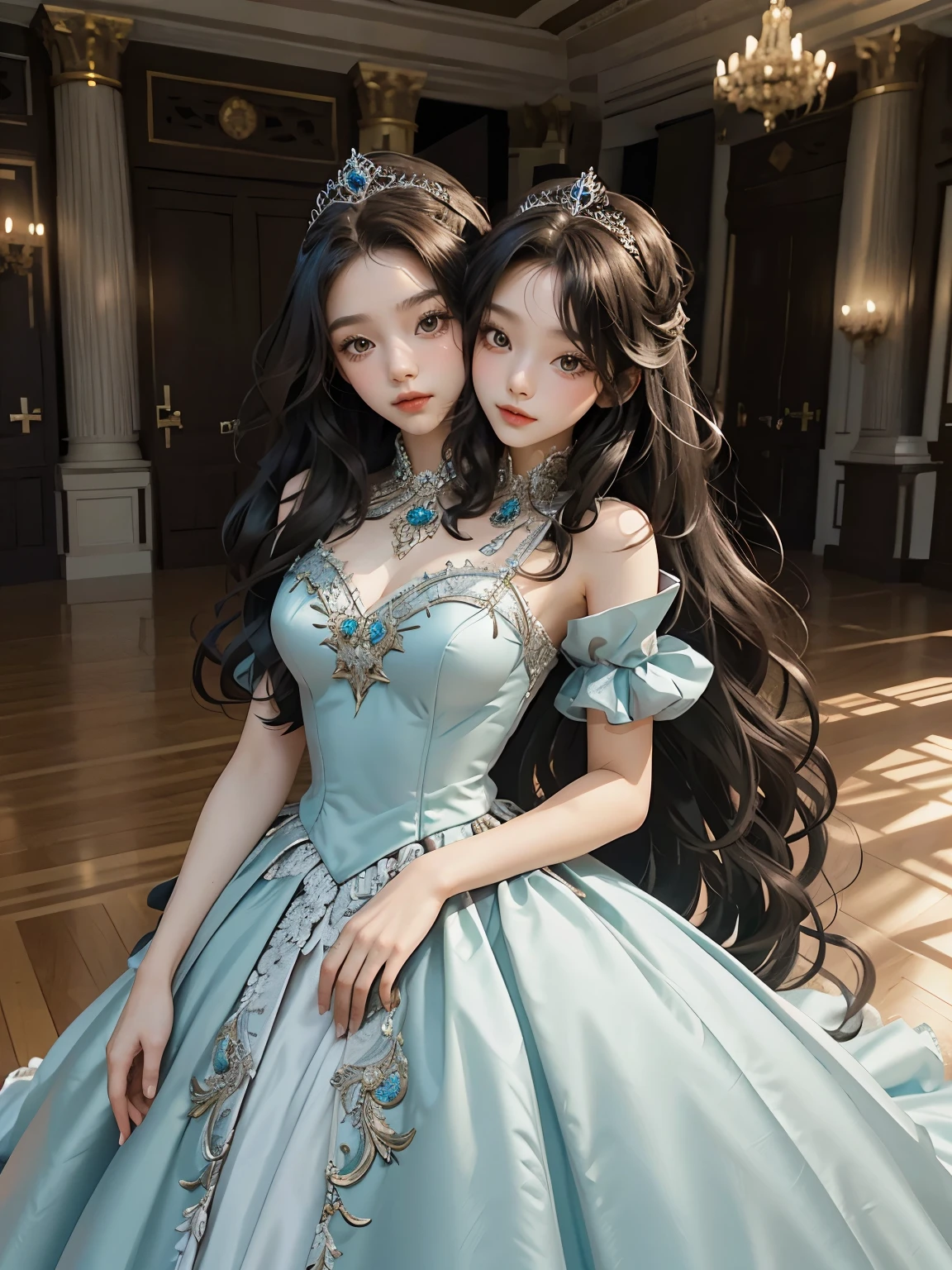 bestresolution, (2heads:1.2), princesses, tiaras on head, ballgown, princess dress, large dress, in a ballroom, large straight hair, extremely long hair, head in wind