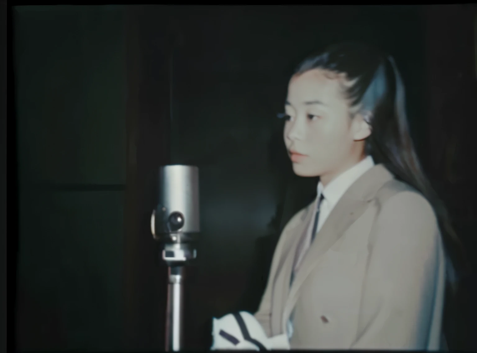 color unsharp masking quality. (A young Japanese woman as extreme small as chihuahua). thick outline. blurry photo. color slide film. 1958.