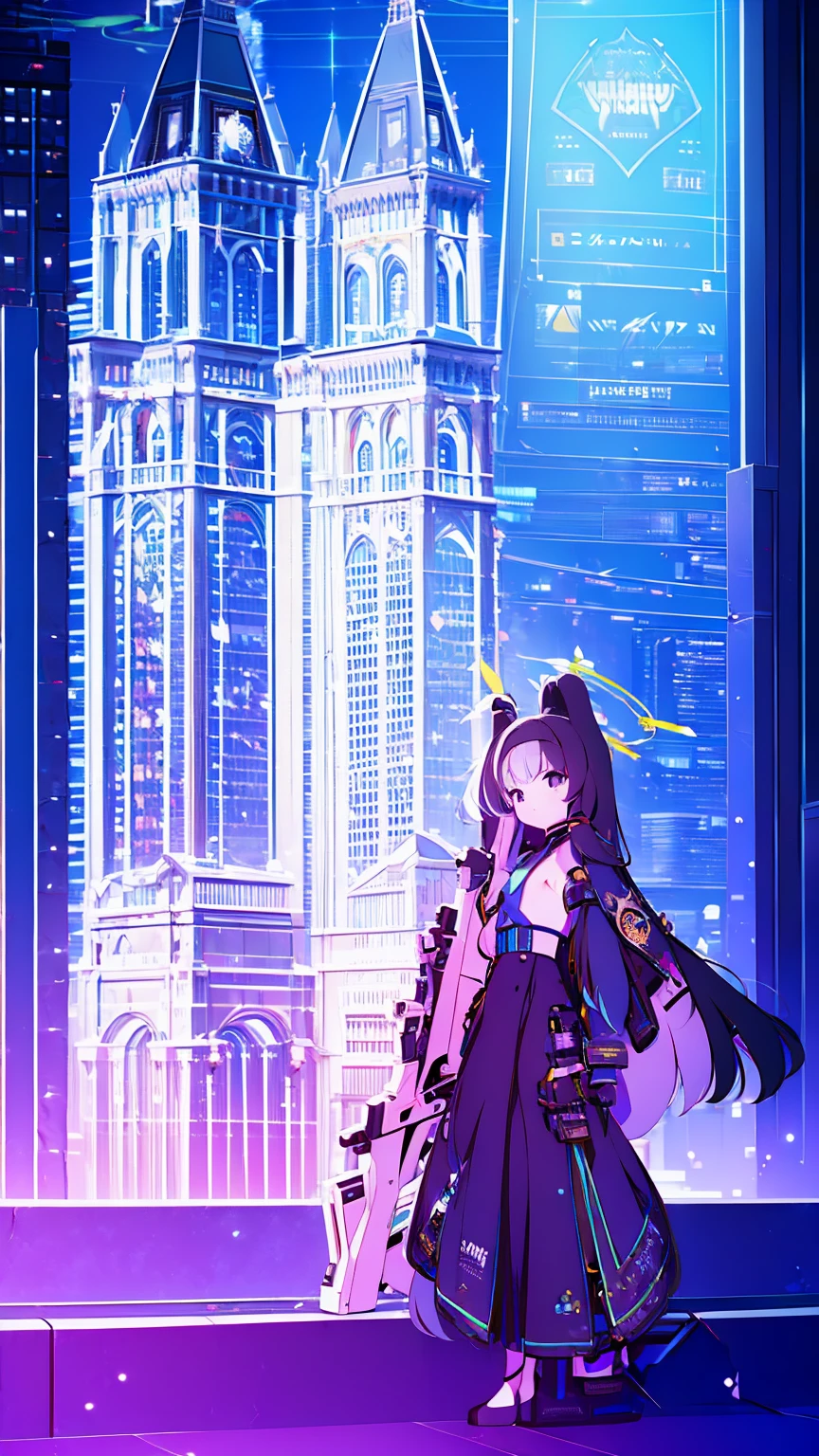 (masterpiece, top quality, best quality:1.2), extreme detailed, 1 girl, black long hair, flat chest, full body, black eyes, wearing millennium uniform, Blue Archive, Millennium School, holding rifle, high tech, outdoors, nighttime