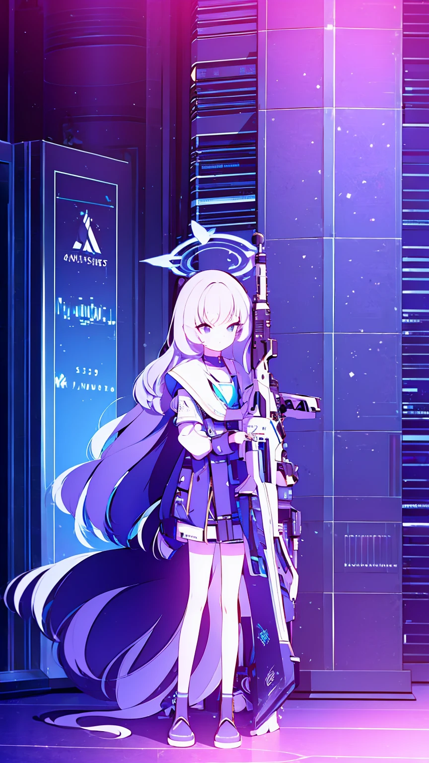 (masterpiece, top quality, best quality:1.2), extreme detailed, 1 girl, black long hair, flat chest, full body, black eyes, wearing millennium uniform, Blue Archive, Millennium School, holding rifle, high tech, outdoors, nighttime