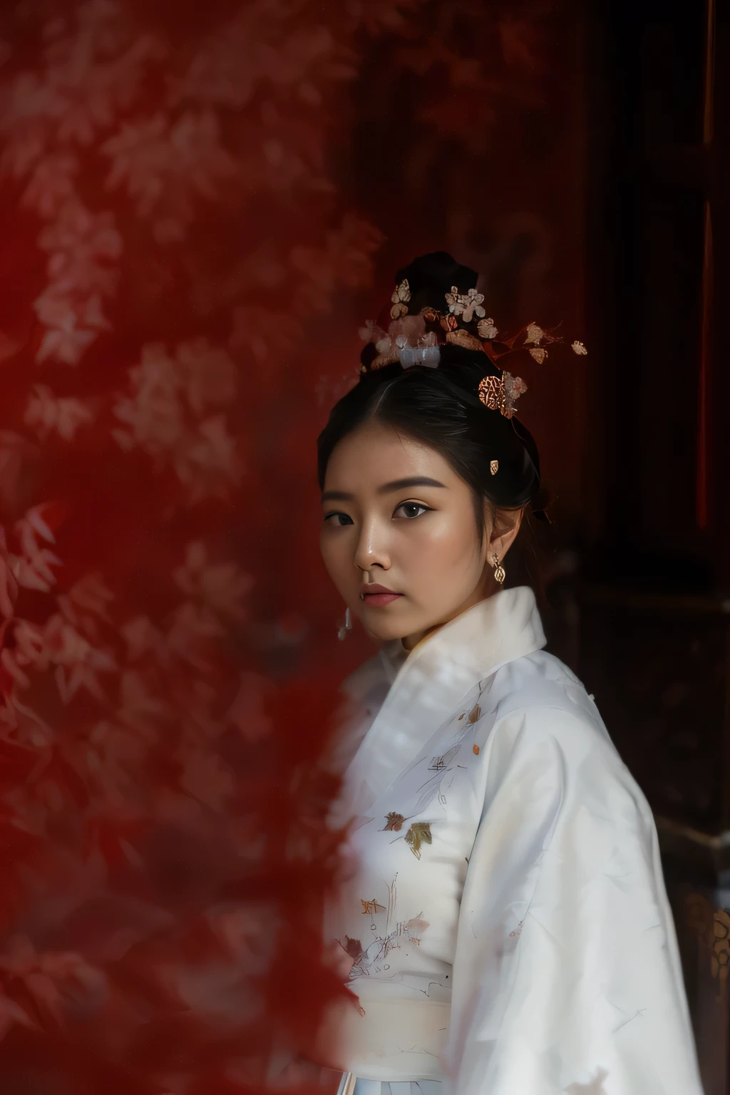 There is a man wearing a white fur cape、little girl with flower in head,  ， Girl wearing Hanfu, Chinese Princess, In the Forbidden City, Wearing ancient Chinese clothes, Shot with Leica SL2, Chinese Girl, In the Forbidden City rainning, , Chinese tradition, Chinese Queen, Wearing Chinese clothing, Inspired by Guo Xi ，reality，photography，Award-winning works