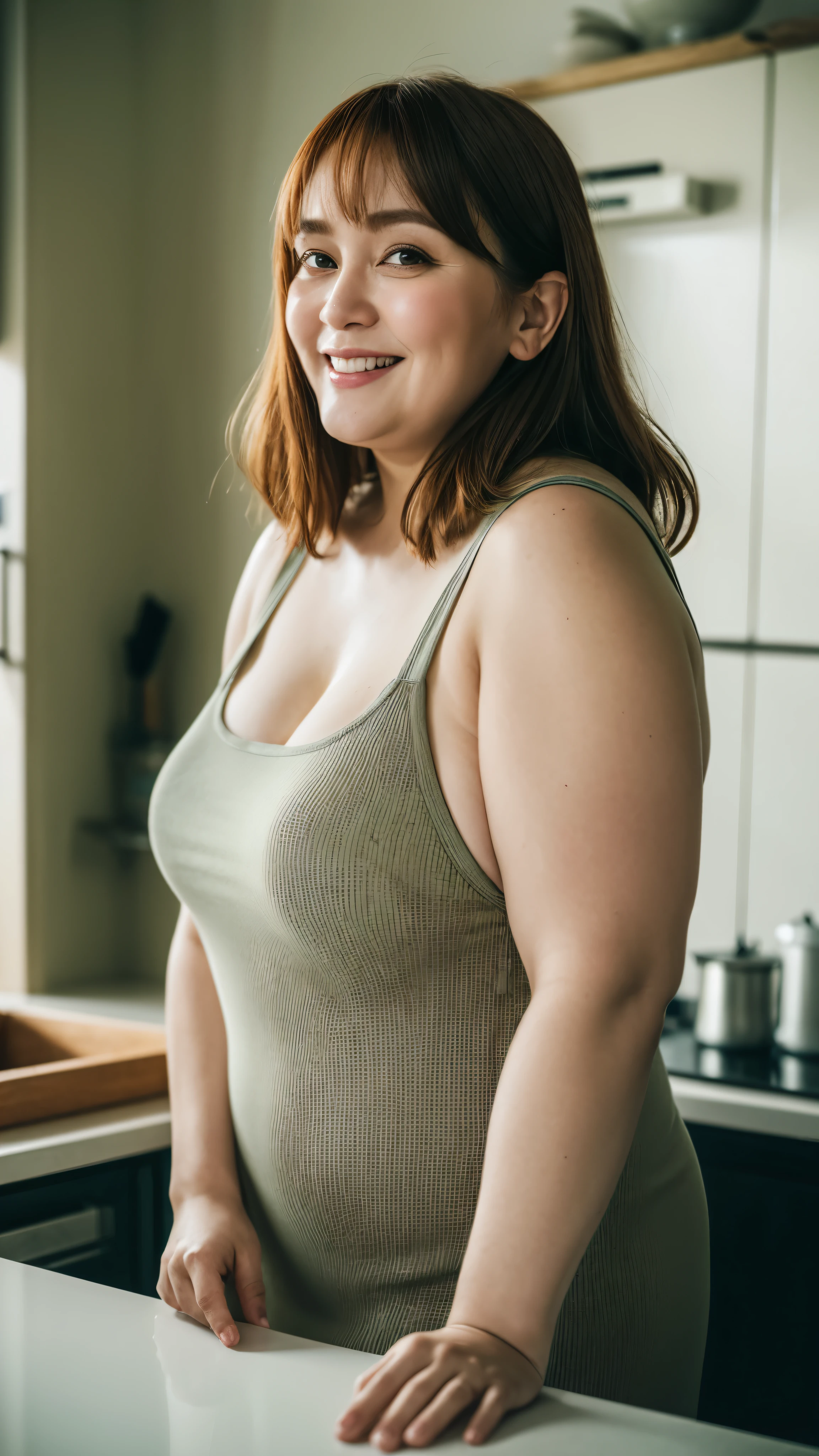 Foto RAW, Nordic Face, Looks like Julianne Moore, Highly detailed CG Unity 8k wallpaper, top quality, super detailed, masterpiece, realistic, photo realistic, very detailed cute girl, 45 years old, ((chubby lady:1.3)) , (plump lady:1.3) , large breasts , cleavage , round eyes, viewer, smile, parted lips, half body shot , naked apron , kitchen , bangs , shoot from the side,(pele altamente detalhada: 1.2), 8k UHD, DSLR, soft-lighting, alta qualidade, grain of film, Fujifilm XT3