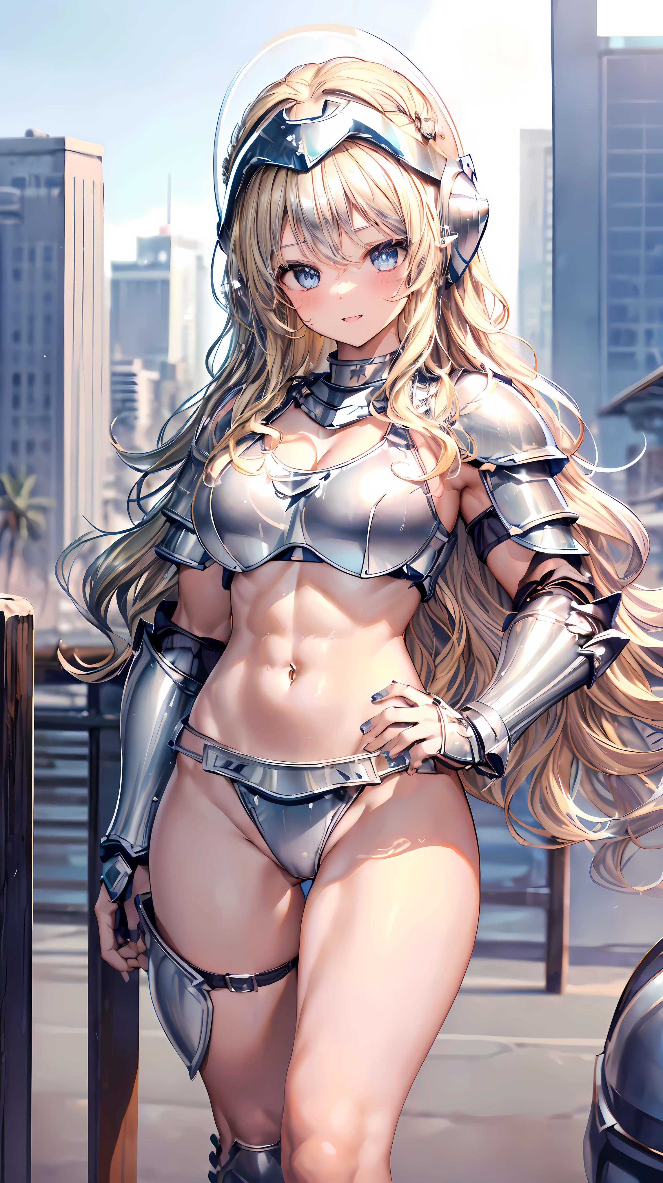 Very detailed、highest quality、Best image quality、masterpiece、8k、Anime Face、A kind smile、(Open your mouth)、Sparkling blue eyes、(Blonde wavy hair:1.5)、、Muscles of the whole body、camisole、Thigh belt、mini skirt、(Wearing silver bikini armor:1.5)、(Cowboy Shot:1.5)、(Leg armor:1.5)、(Wearing a helmet:1.5)、(Hands on hips)