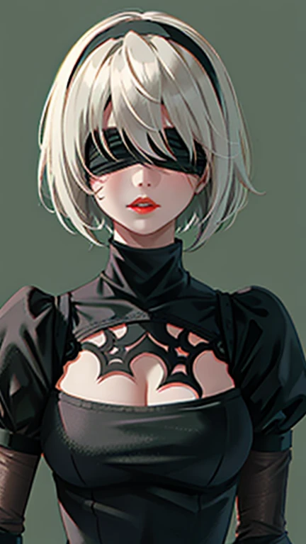 Yoruhano. 2 Type B, One Girl, Wow, (Blindfold), chest, chestの谷間, chestの谷間 cutout, Clothing cutouts, Green background, Hair between the eyes, hair band, High resolution, Juliet Sleeve, Long sleeve, Nier (series), Nier Automata, Puffy sleeves, Red lips, Shadowed face, short hair, alone, turtleneck, Upper Body, Gray Hair, Sky Porn, Strokes