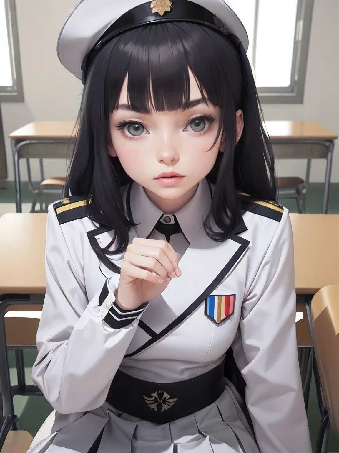 superflat, flat shading, flat colors, (masterpiece:1.2, best quality), (closeup), 2women, teen, slim, (white military outfit), pleated skirt, military hat, space cadet, sitting by desk, in classroom, put head on hand, bored, classmates in background, (spaceship interiors), futuristic, cosmos, watercolor