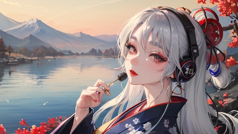 high quality,masterpiece,A Japanese woman in a colorful kimono looks at the mountains,Tattooed Arm,Beautiful blue droopy eyes,Japanese Geisha,Long silver hair,Listening to music with headphones,ear earrings,Dragon Tattoo,Gold Necklace,Gentle expression,Gray Hair,Red eyeshadow,Red lipstick,Heavy makeup,Handwriting,YouTube images