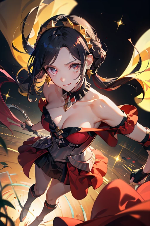 Anime style beutiful woman, 1girl,fullbody, happy, (with sparkling eyes and a contagious smile:1.2), red face, closed mouth, beautiful detailed eyes, super detailed skin, backlighting, bare shoulders, black background, black dress, black gloves, black hair, breasts, dress, earrings, fingerless gloves, floating hair, floral print, flower, gloves, gold earrings, gold hairband, hair flower, hair ornament, hairband, holding, holding weapon, jewelry, large breasts, long hair, looking at viewer, off-shoulder dress, off shoulder,red eyes, short hair with long locks, sidelocks, solo, spikes, thighs, two-sided dress, two-sided fabric, weapon, fighting stance , face, close up, from above, highest quality, high resolution,Real World, Natural light,perfect Natural light,looking at viewer,