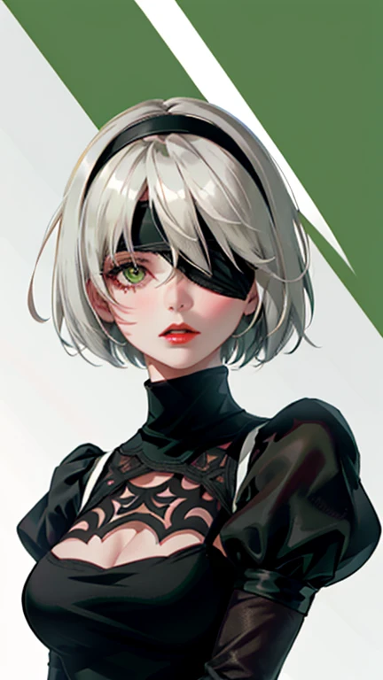 Yoruhano. 2 Type B, One Girl, Wow, (Blindfold), chest, chestの谷間, chestの谷間 cutout, Clothing cutouts, Green background, Hair between the eyes, hair band, High resolution, Juliet Sleeve, Long sleeve, Nier (series), Nier Automata, Puffy sleeves, Red lips, Shadowed face, short hair, alone, turtleneck, Upper Body, Gray Hair, Sky Porn, Strokes