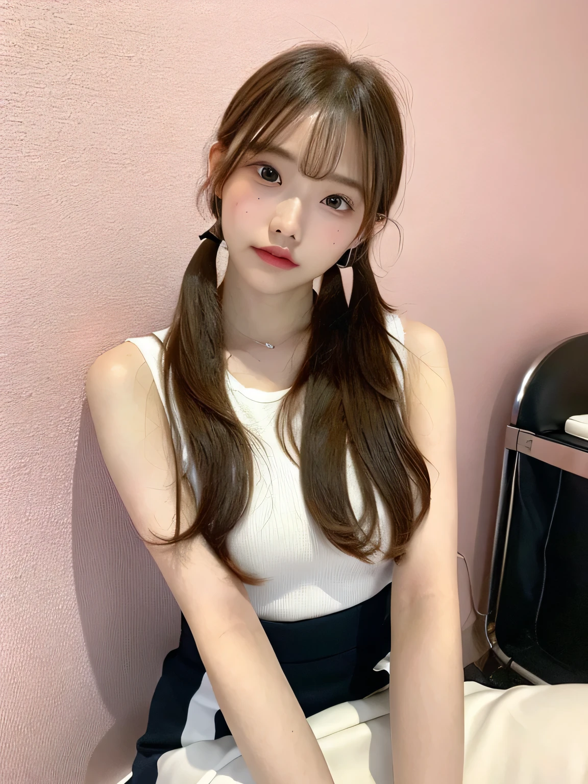one person、17 years old、whole body、slender、woman、White drool coming out of the mouth、Blonde、Twin tails、 Fair skin, messy hair, super cute、Soft and Face、Brown Hair、8k resolution、Surreal、Ultra high definition、 Soft Body Tight Ass Night、A-cup small breasts((Highest resolution、8k、masterpiece:1.3))、Ultra-fine face、Ultra Fine Lips、Beautiful Eyes、double eyelid,Pink wall、White shirt with front opening、Navy blue mini skirt、I can see your thighs、Shapely small breasts、Sitting in a chair、