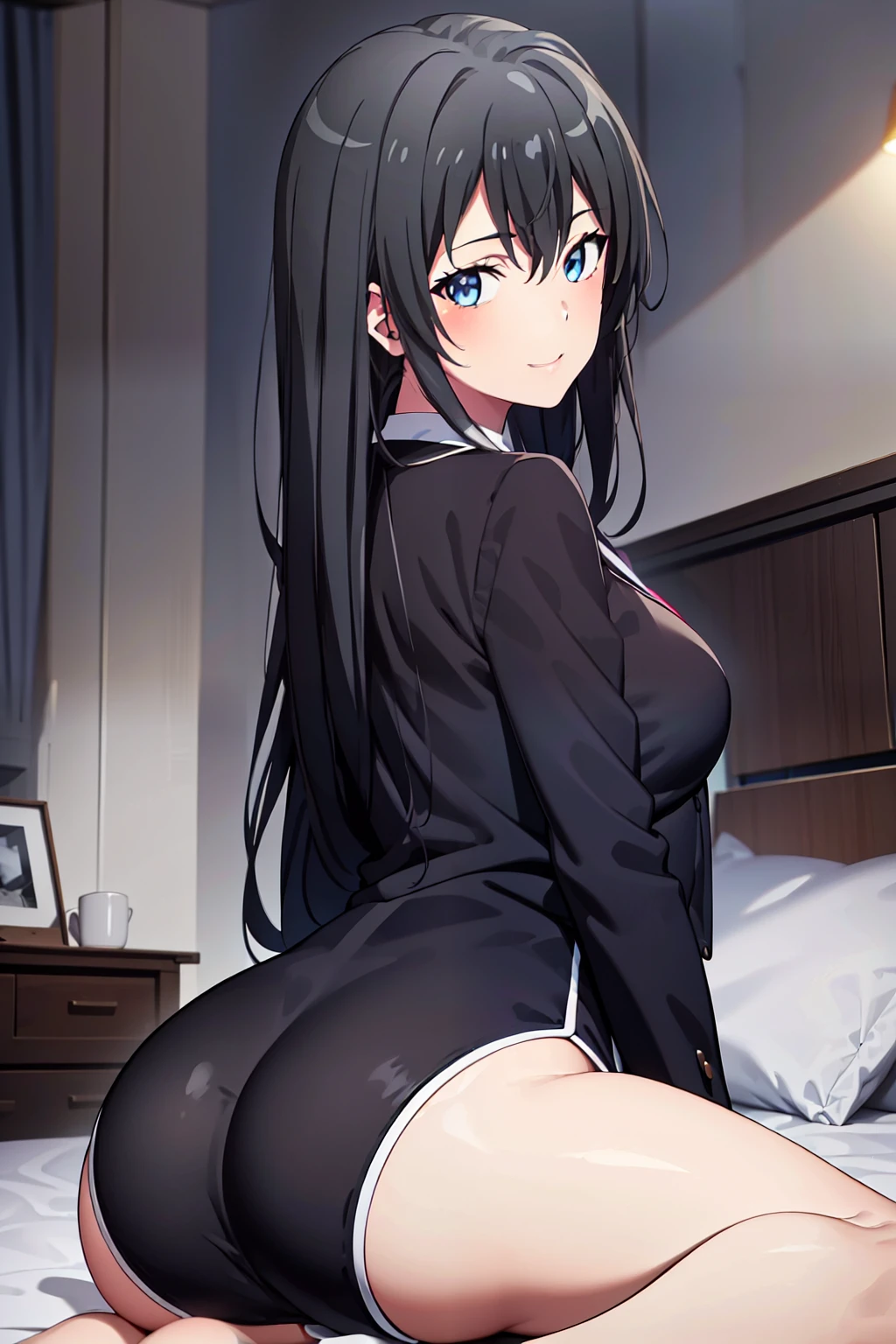 8K Photograph, FULL HDR,1girl, Yukinoshita Yukino, Thicc ass,((LAYING DOWN ON BED SHOWING ASS)), long hair , looking at the camera, wearing tight clothes, smile, black coat