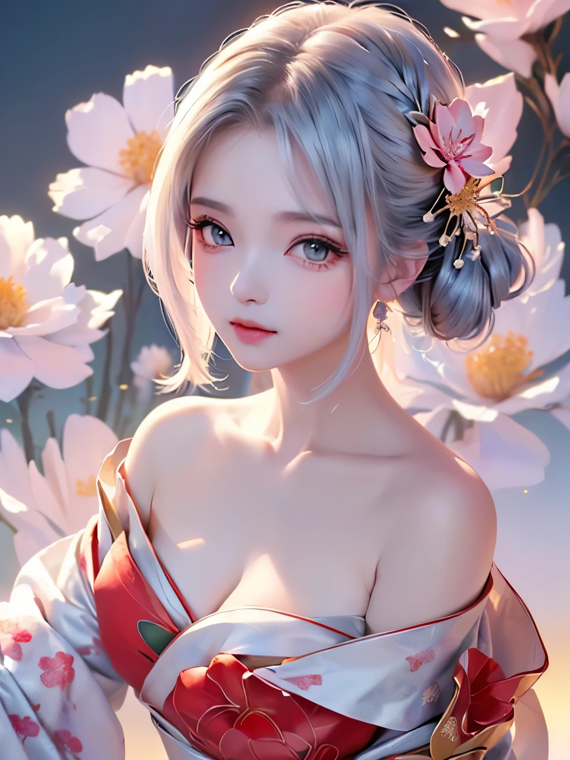 ((alone、Flower patternの着物を着崩して着た女性、Woman posing elegantly while sitting:1.4、Detailed face、Bright expression、Younger, brighter, whiter skin、Best Looks、The ultimate beauty、Silver hair with dazzling highlights、Shiny bright hair,、arranged hairstyle:1.2、髪がWindで踊る))(Surrounded by flowers、Wind、幻想的なWind景、)((Off-the-shoulder style、Exposing shoulders、Expose the neck、Exposing cleavage:1.2))The sleeves of the kimono are connected((Black kimono with red obi、Flower pattern:1.1)
