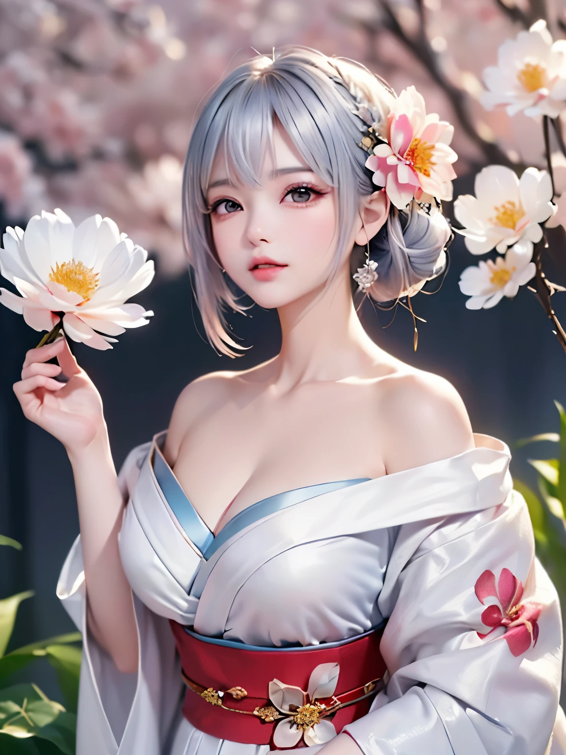 ((alone、Flower patternの着物を着崩して着た女性、Woman posing elegantly while sitting:1.4、Detailed face、Bright expression、Younger, brighter, whiter skin、Best Looks、The ultimate beauty、Silver hair with dazzling highlights、Shiny bright hair,、arranged hairstyle:1.2、髪がWindで踊る))(Surrounded by flowers、Wind、幻想的なWind景、)((Off-the-shoulder style、Exposing shoulders、Expose the neck、Exposing cleavage:1.2))The sleeves of the kimono are connected((Black kimono with red obi、Flower pattern:1.1)
