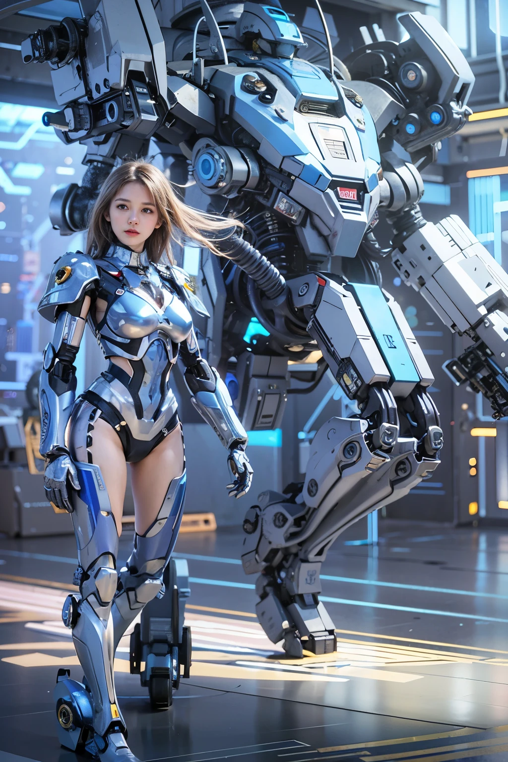 Wide-angle shot, 1 Female, Mecha, Sparkling blue eyes, Very cute face, (photorealistic:1.37), バイオMechaニカル, Complex robot, Bokeh spaceship interior background, Ultra-realistic, Super detailed, Extremely intricate details, Beautiful woman in sharp focus