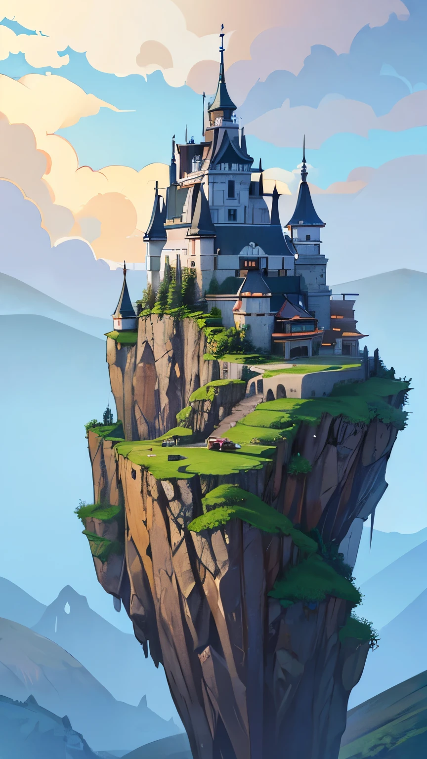 highest quality。Masterpiece。Detailed details。Floating rock mountain。A European-style fort built on a rocky mountain。The background is gray clouds and blue sky。