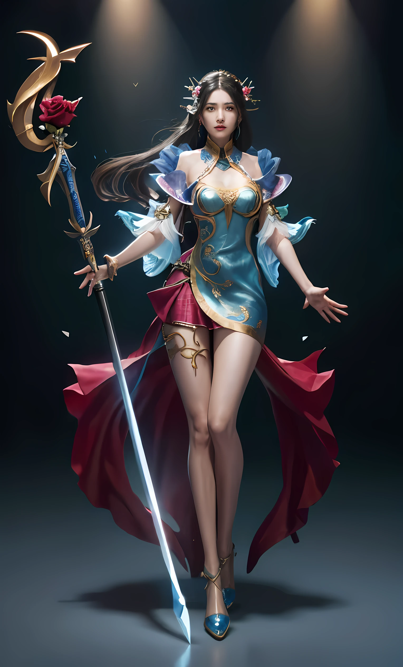 A woman in a blue dress holds a sword and a rose, full-body xianxia, Beautiful full body concept art, A complete portrait of the Elementalists, Epic and beautiful character art, Kushatt Krenz Key Art Women&#39;s Clothing, Beautiful celestial mage, Very detailed artgerm, artgerm on artstation pixiv, Detailed full body concept