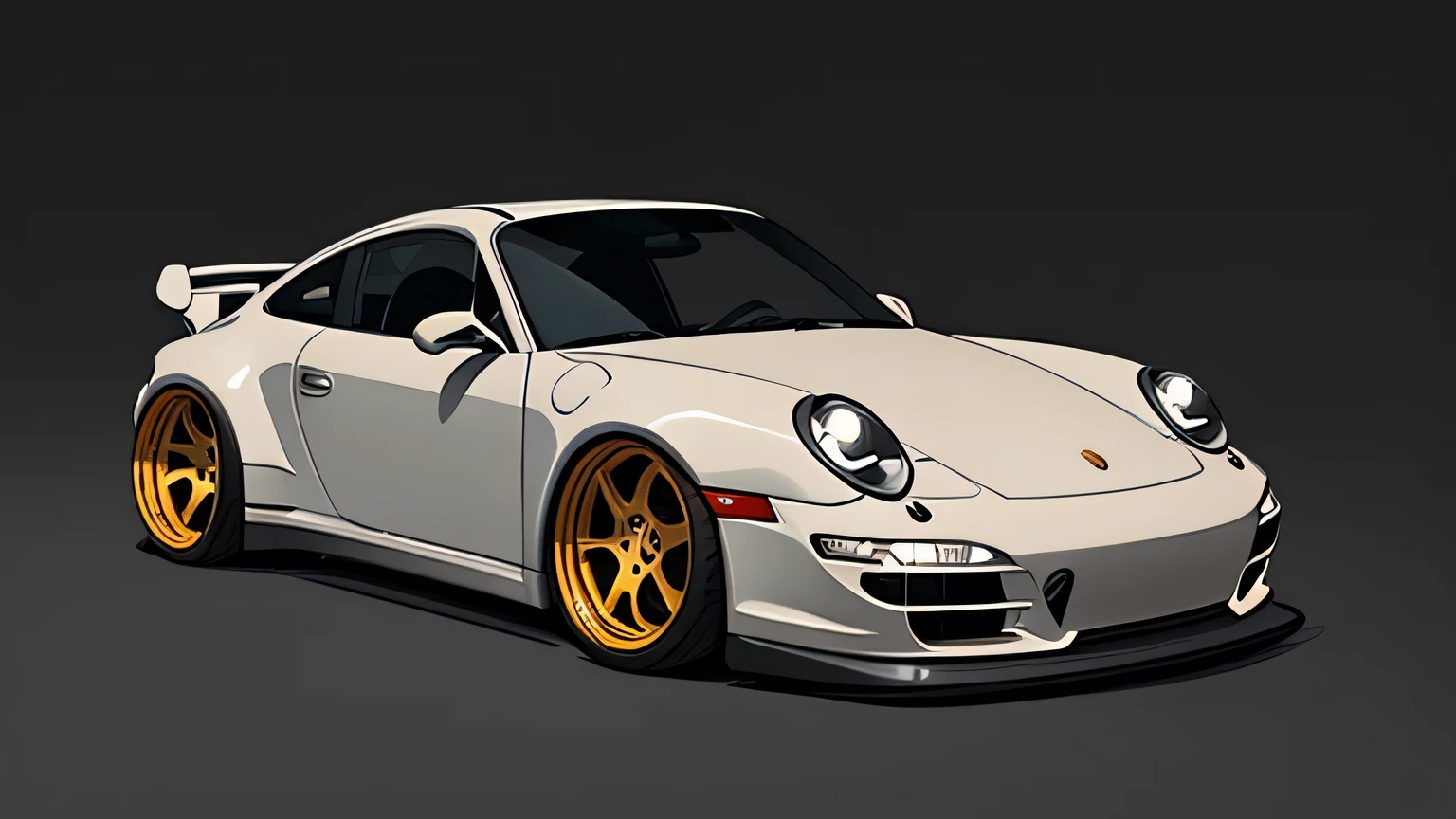 Dark beige Porsche 911 rwb, pop art,  cartoonish style , sketch, detailed illustration, large wheels, wide bodykit ((([Dark grey background])))