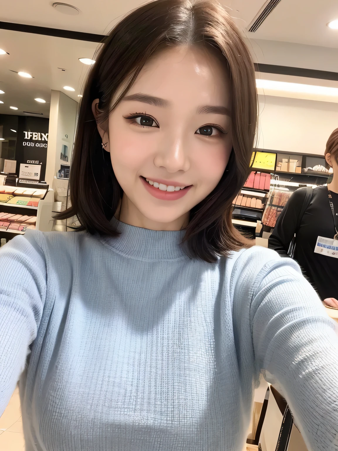 one person、Smiling while shopping、Wearing makeup、fun、、whole body、slender、woman、White drool coming out of the mouth、Short hair, fair skin,ponytail、Super cute、Soft and Face、Brown Hair、8k resolution、Surreal、Ultra high definition、 Soft Body Tight Ass Night、A-cup small breasts((Highest resolution、8k、masterpiece:1.3))、Ultra-fine face、Ultra Fine Lips、Beautiful Eyes、double eyelid,Girls' High 、Navy blue lender body type、I can see your thighs、Shapely small breasts、