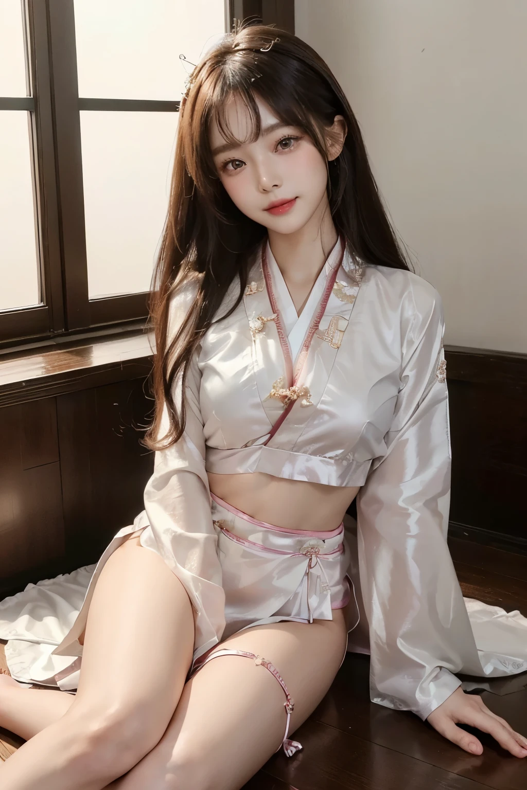 ((high-level image quality))、(Like a shot with an SLR)、beautiful a girl, ((glamour sensual body))、 Beautiful legs, ((traditional 2pieces lingerie style hanbok)), take a slit in the clothes on the thigh、fantasy background, sitting, navel exposed, little smile, (light is in front of the girl), ((bright shiny face without shadows))