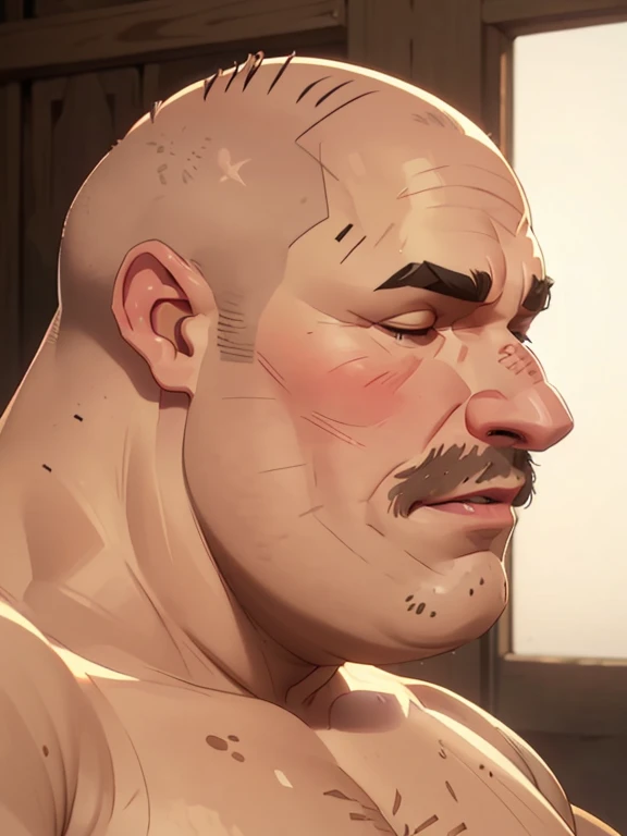 Greg, fat mid-50s overweight guy, dad-bod, slightly balding, dark eyes, big nose, ((((no-muscles)))), ((((shaved face))), (half open mouth), (perspective from side), closed eyes