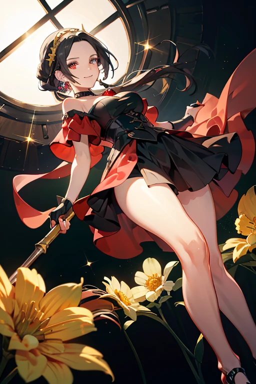 Anime style beutiful woman, 1girl,fullbody, happy, (with sparkling eyes and a contagious smile:1.2), red face, closed mouth, beautiful detailed eyes, super detailed skin, backlighting, bare shoulders, black background, black dress, black gloves, black hair, breasts, dress, earrings, fingerless gloves, floating hair, floral print, flower, gloves, gold earrings, gold hairband, hair flower, hair ornament, hairband, holding, holding weapon, jewelry, large breasts, long hair, looking at viewer, off-shoulder dress, off shoulder,red eyes, short hair with long locks, sidelocks, solo, spikes, thighs, two-sided dress, two-sided fabric,two-hand  weapon, fighting stance , face, close up, from below:1.2, highest quality, high resolution,Real World, Natural light,perfect Natural light,looking at viewer,