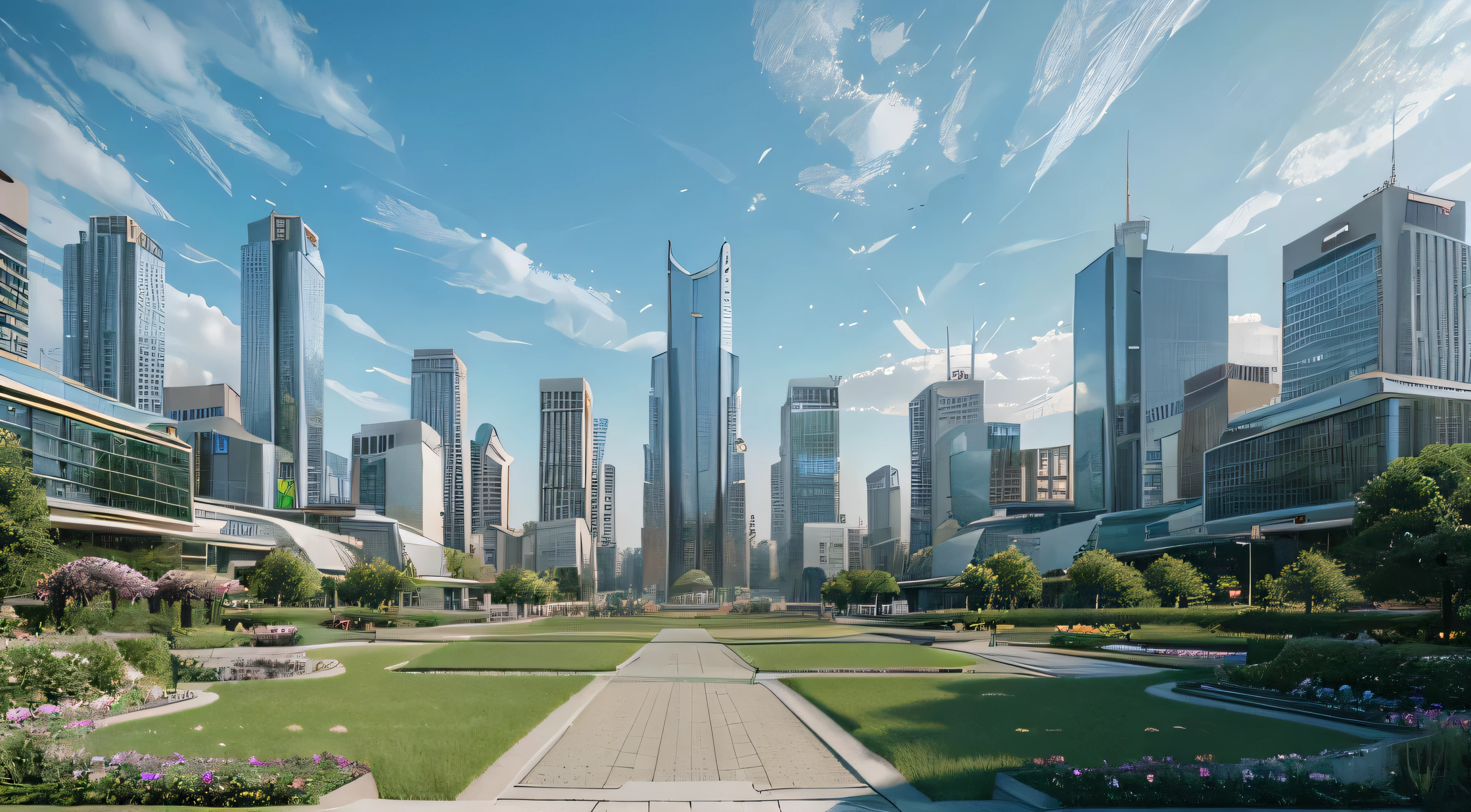 (best quality,photorealistic),(futuristic,high-tech:1.1),(panoramic perspective view, 20mm lens), a subjective view of the city of the future, buildings with gardens and flowers, a park with trees, very dinamic scene, cinematic ambient, epic shi-fi ambient.