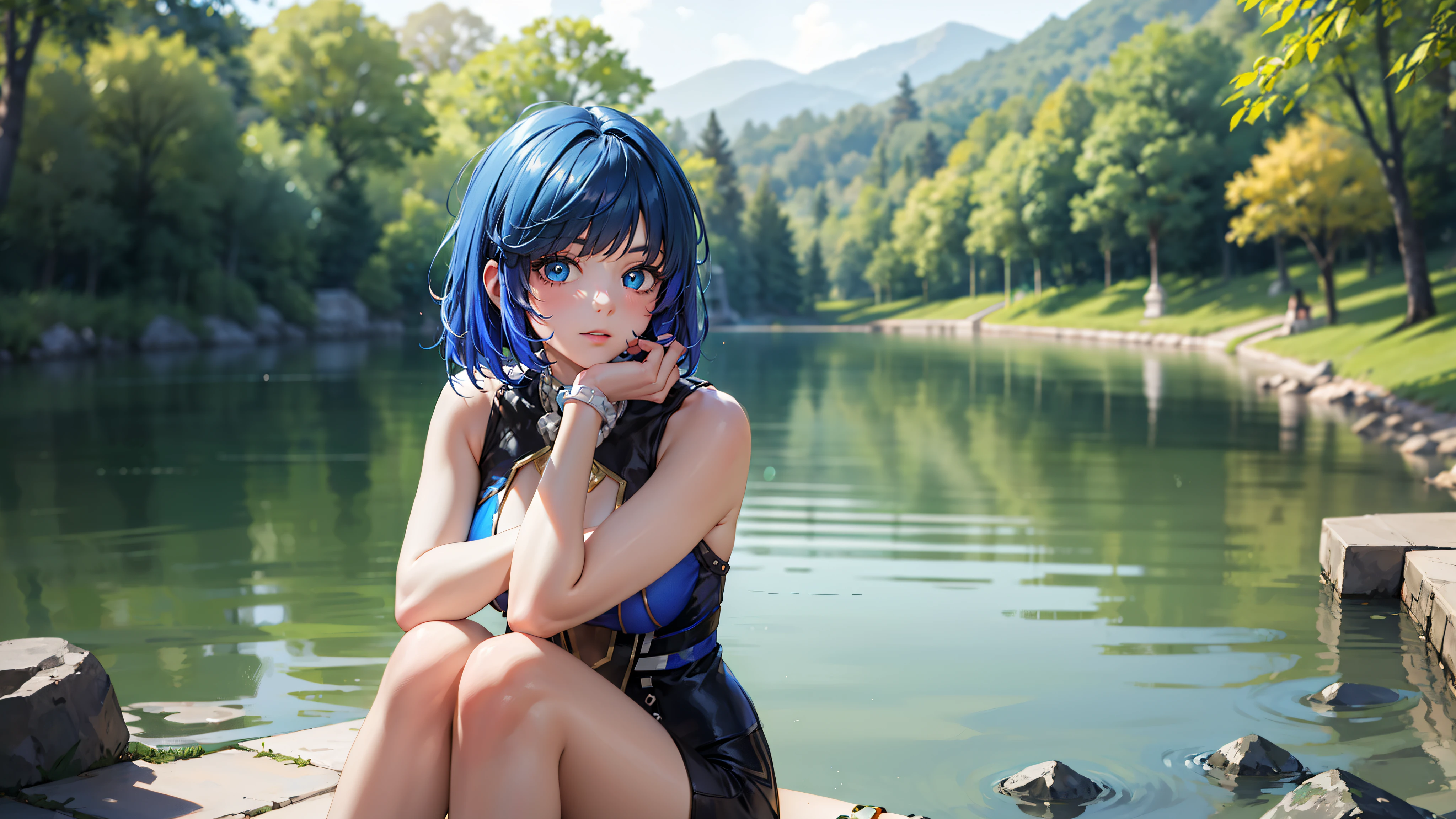beautiful detailed eyes, short hair, blue hair, glowing skin, fashionable outfit, confident pose, peaceful atmosphere, vibrant colors, soft lighting, summer breeze, yelan sitting, water reflection,sea landscape, ultra realistic, sunny day, cute, early twenties, blue uniform, middle of lake, lake stretching in the background, character yelan