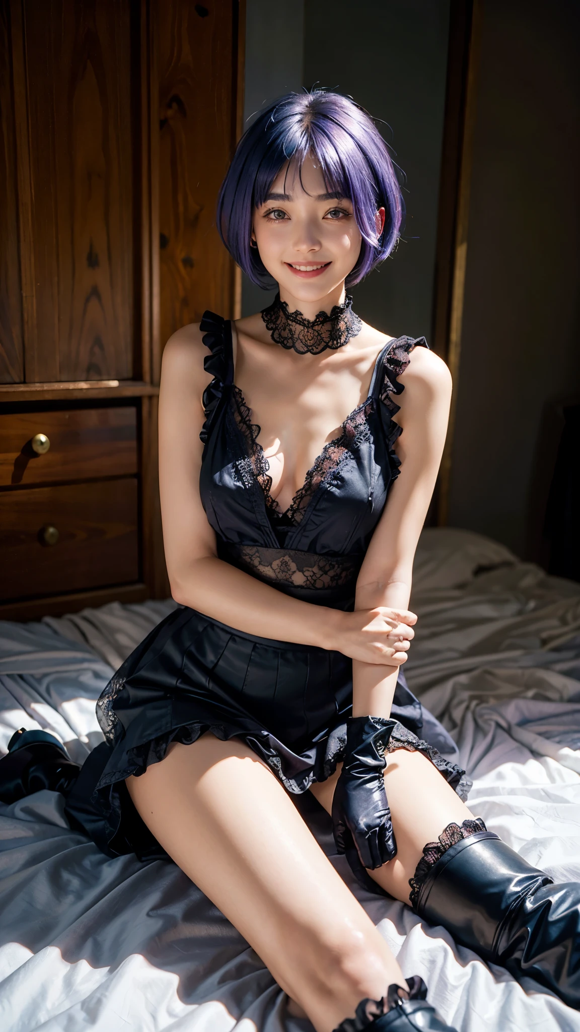 highest quality, masterpiece, Ultra-high resolution, (Realistic:1.4), (Portraiture) RAW Photos, 1 girl,22 years old((Detailed face)),(((座ったPortraiture)),((Red bra)),((Smiling with teeth showing)),((Big smile)),((Black boots and black lace gloves)),((Black sleeveless top with frill lace)),((White blouse under dress)),((Black Long Skirt)),((Short bob cut blue-purple hair)),((Cap Chestnut)),((Short bangs)),Realistic,Image Media Chest)),
