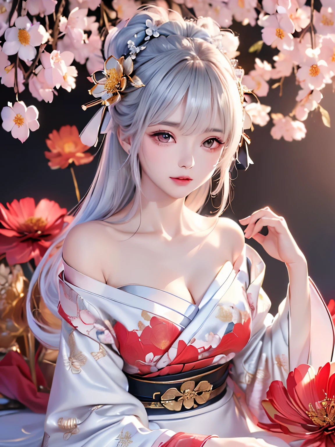 ((alone、Flower patternの着物を着崩して着た女性、Woman posing elegantly while sitting:1.4、Detailed face、Bright expression、Younger, brighter, whiter skin、Best Looks、The ultimate beauty、Silver hair with dazzling highlights、Shiny bright hair,、arranged hairstyle:1.2、髪がWindで踊る))(Surrounded by flowers、Wind、幻想的なWind景、)((Off-the-shoulder style、Exposing shoulders、Expose the neck、Exposing cleavage:1.2))The sleeves of the kimono are connected((Black kimono with red obi、Flower pattern:1.3)
