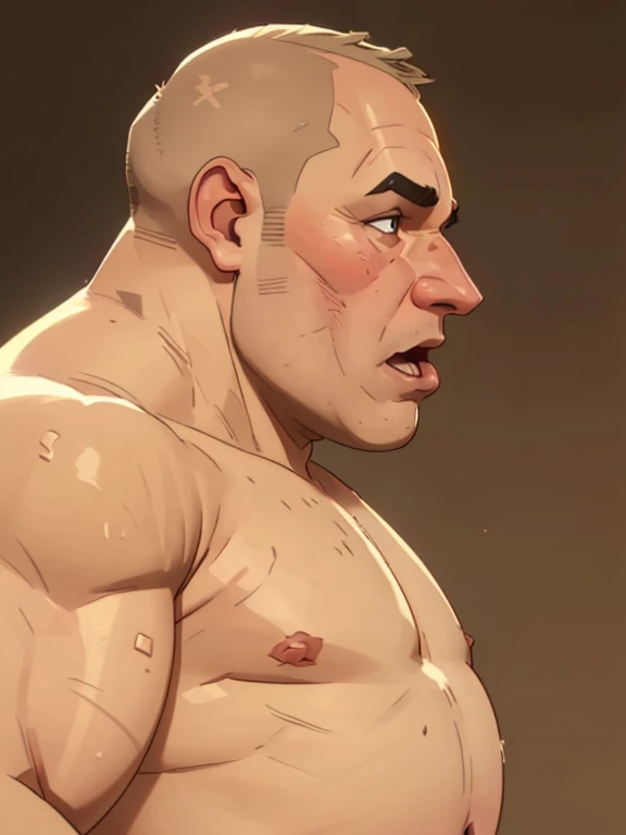 Greg, fat mid-50s overweight guy, dad-bod, slightly balding, dark eyes, big nose, ((((no-muscles)))), ((((shaved face))), (exaggerated open mouth), (perspective from side)