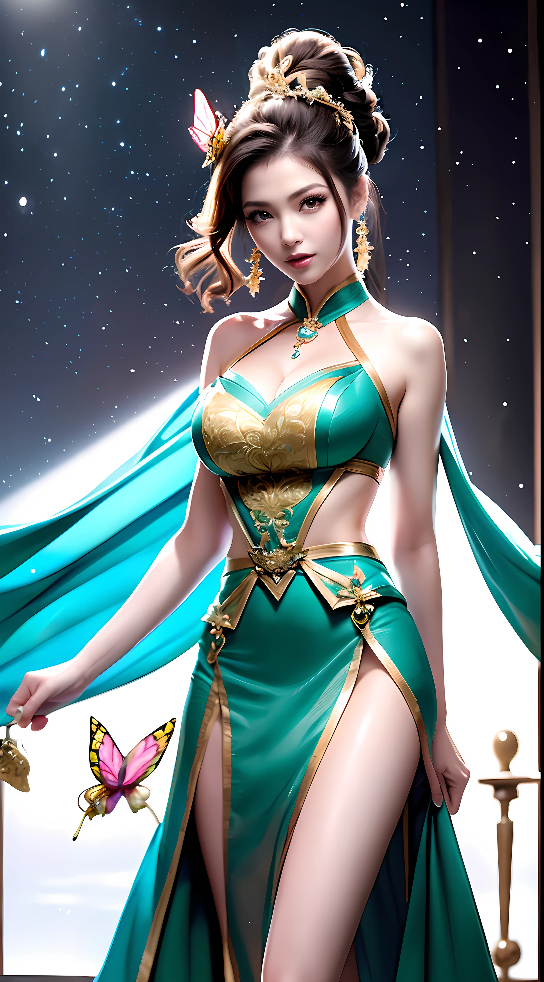 (1girl, pov,best quality),(( looking at viewer, facing viewer )), high collar,1girl,(butterfly_hair_ornament:1.1), butterfly_wings, solo,(green dress:1.2),(aqua skirt:1.2), long_hair,jewelry, wide_sleeves, hair_ornament))) (see-through sarong:1.4), (east asian architecture:1.2), (big eyes:1.2),(skinny eyebrows:1.2),(brown eyes:1.2),