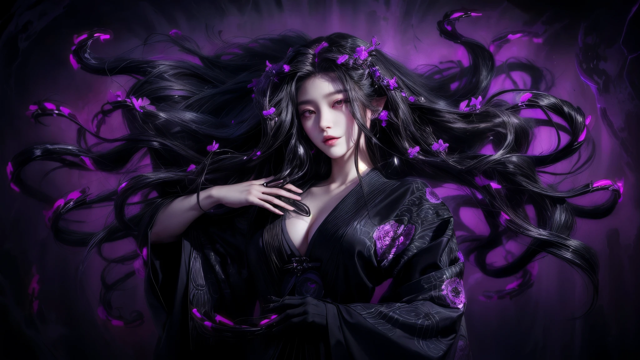 A young Japanese woman with dark hair poses for a photo, dark Portrait of Medusa, Many snakes like her hair, Dark Queen of Snakes, Woman medusa long hair, Long, flowing Medusa hair, Beautiful witch with long hair, Beautiful female gorgon, Goddess of Darkness with Six Arms, Portrait of Medusa, Boiling Medusa, Swirling black hair, Beautiful witch spooky woman、Her hair is made up of multiple detailed snakes