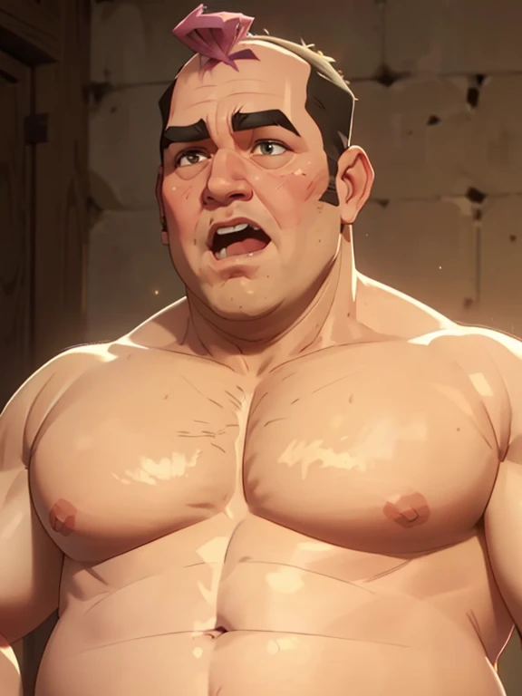 Greg, fat mid-50s overweight guy, dad-bod, slightly balding, dark eyes, big nose, ((((no-muscles)))), ((((shaved face))), (exaggerated open mouth)