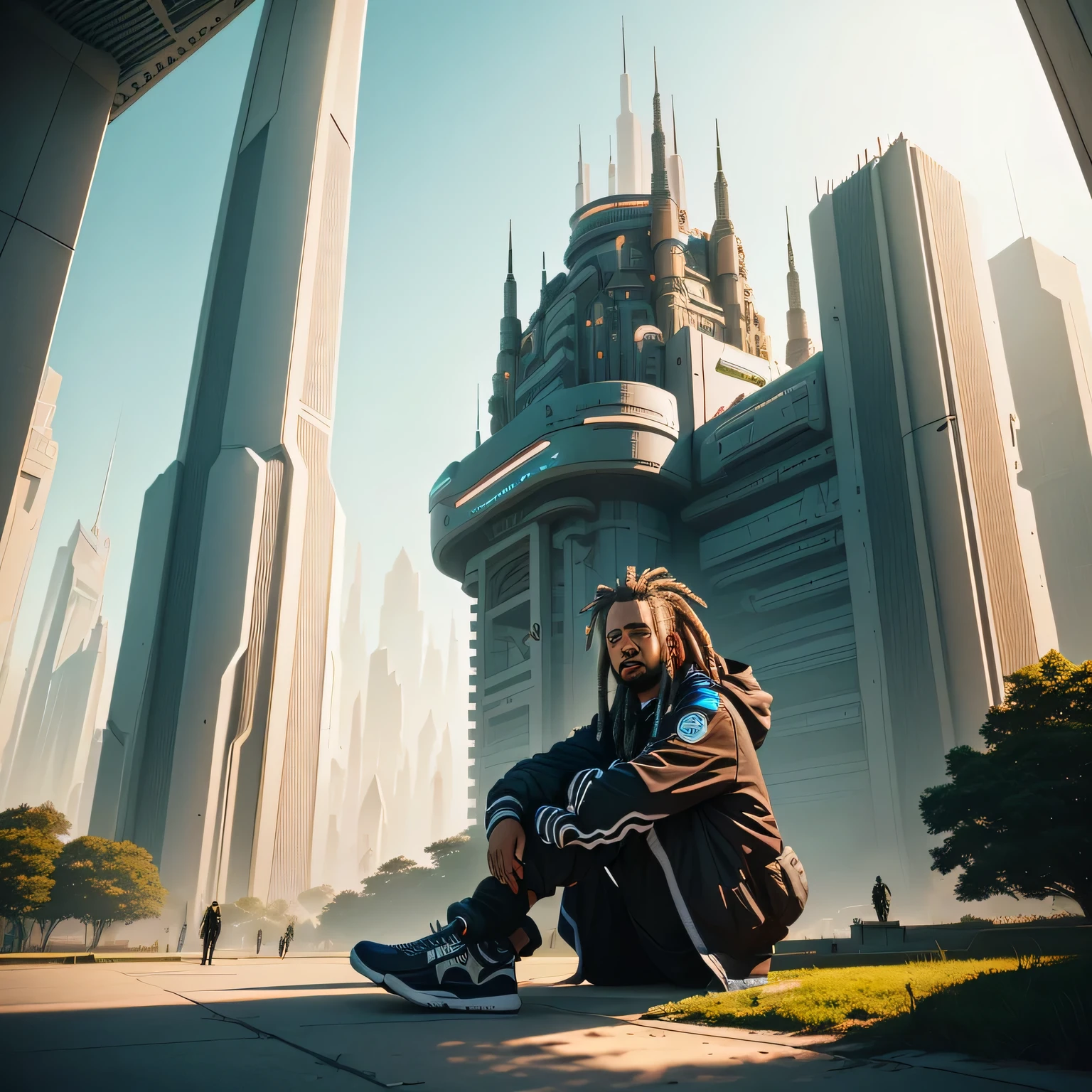 there is a man with dreadlocks sitting in front of a futuristic city, In front of a sci-fi cityscape, Jorge A. tsoukalos, in a park on a alien planet, in a park on a alien planet, Eric Parker, Greg Beeple, inspirado por Mike "bipe" Winkelmann, in a castle on an alien planet