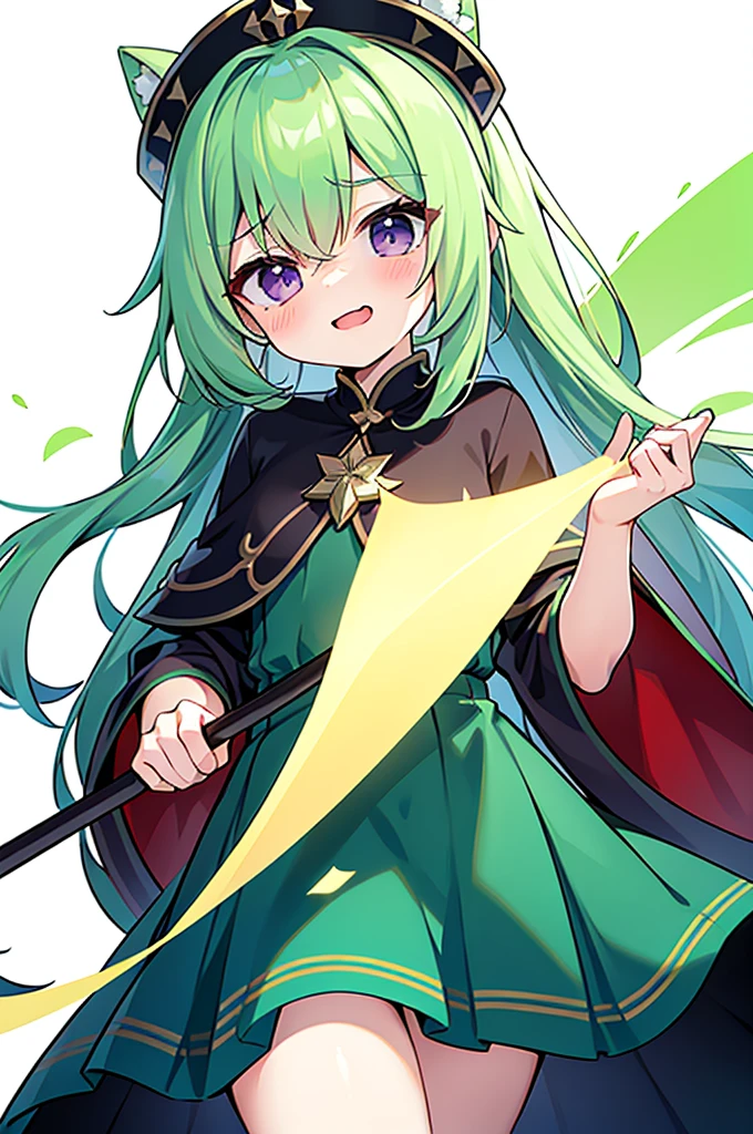 masterpiece, 最high quality,cute, One woman, alone, Long Hair, View your viewers, (Dark green hair), ((Long Hair)), ((Purple eyes)),Drooping eyes, Straight face, Laughter, Blue Magical Girl Dress, Magic stick, Wooden walking stick, White background,8k, Super Detail, masterpiece, high quality, High resolution, Attention to detail, High facial detail, HD quality, (((Detailed aspect)))