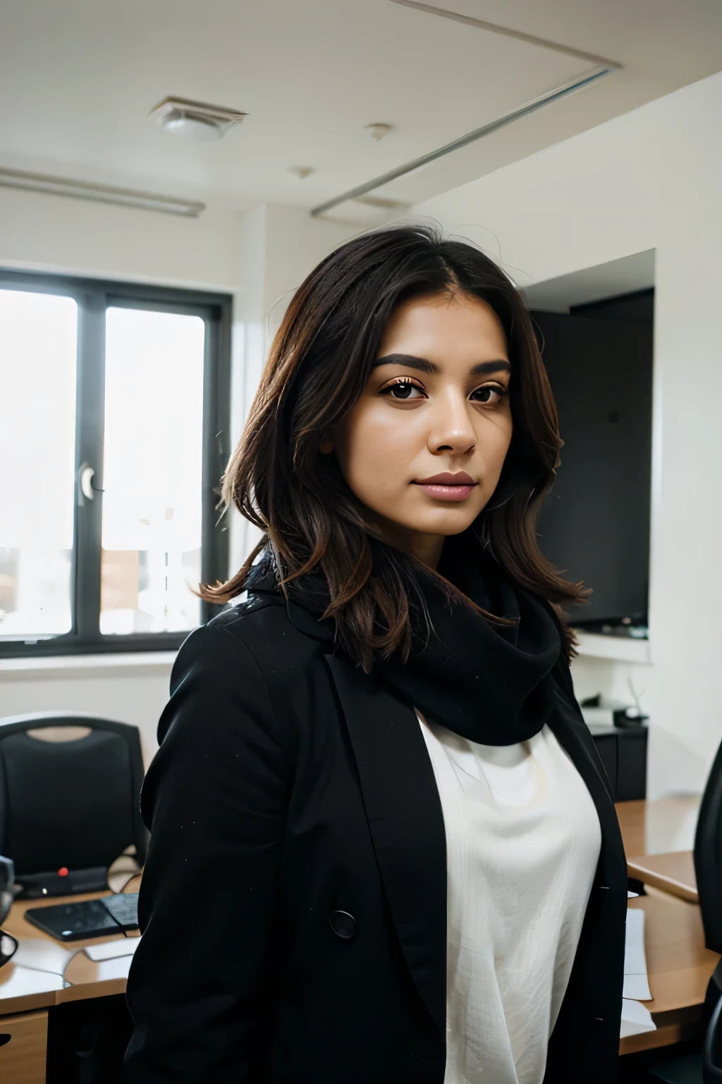 Happy Beautiful Young co worker persian lady islmaic type portraite photo using for profile front of camera in office with black scarf