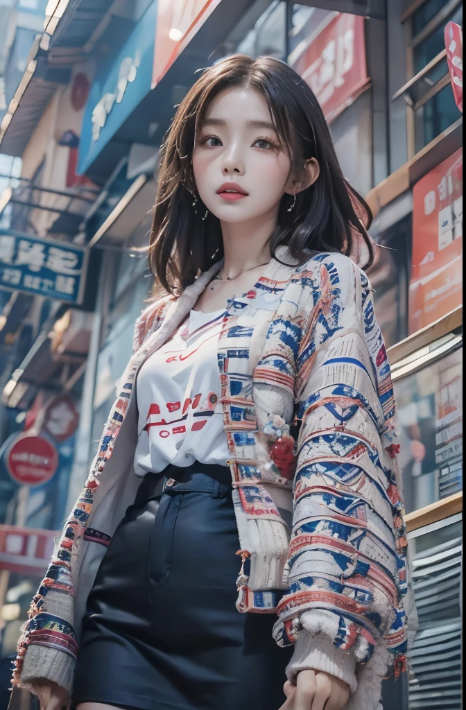 A Korean beauty standing in front of a crowded building in Hong Kong, Popular street fashion in Korea, Popular hairstyles in Korea, posing in front of the camera, (from below:1.5)