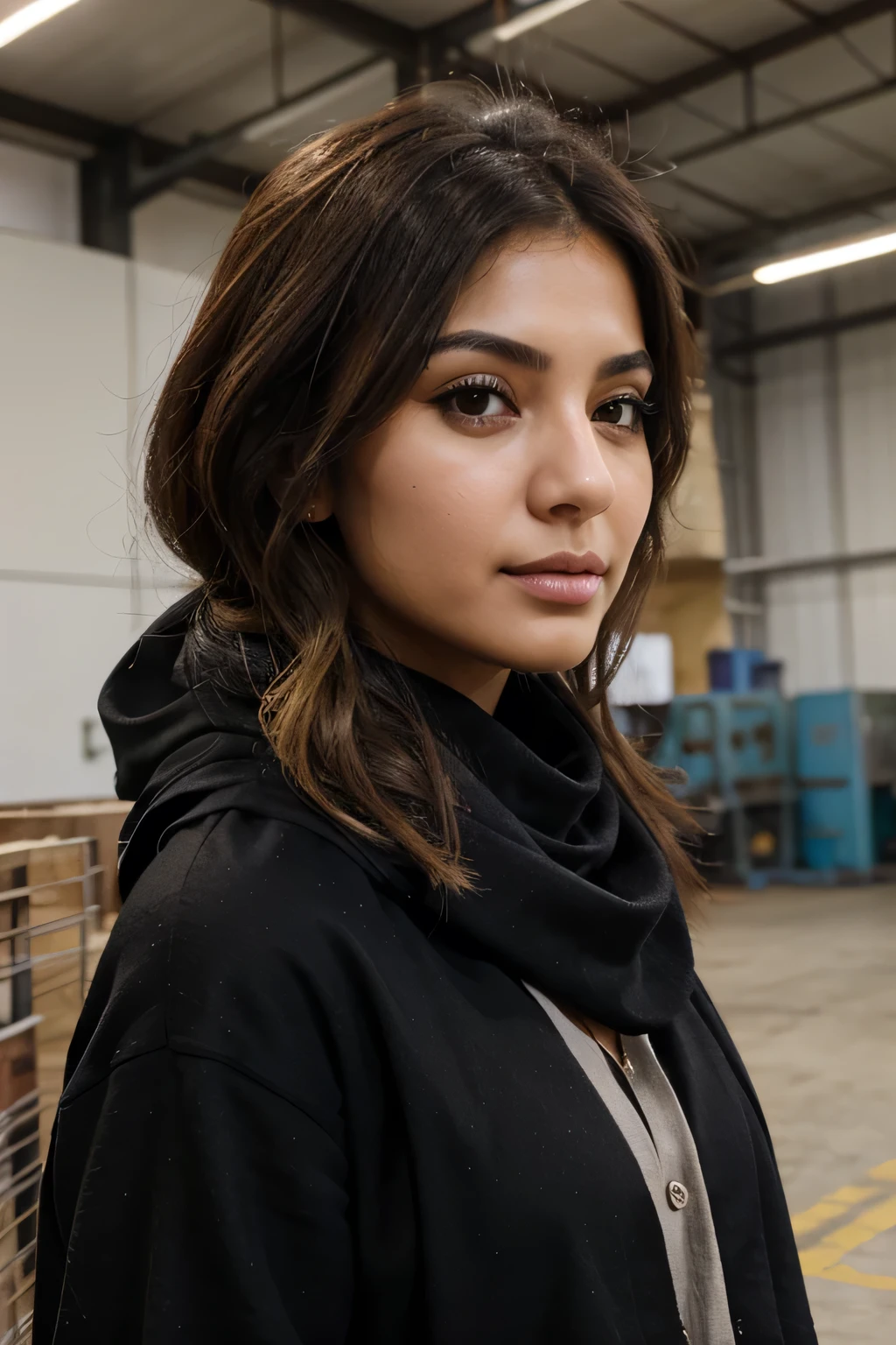 Happy Beautiful Young co worker persian lady islmaic type portraite photo using for profile front of camera in factory with black scarf and blonde hair