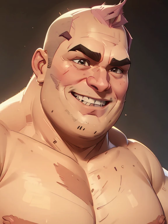 Greg, fat mid-50s overweight guy, dad-bod, slightly balding, dark eyes, big nose, ((((no-muscles)))), ((((shaved face))), (exaggerated evil-grin)