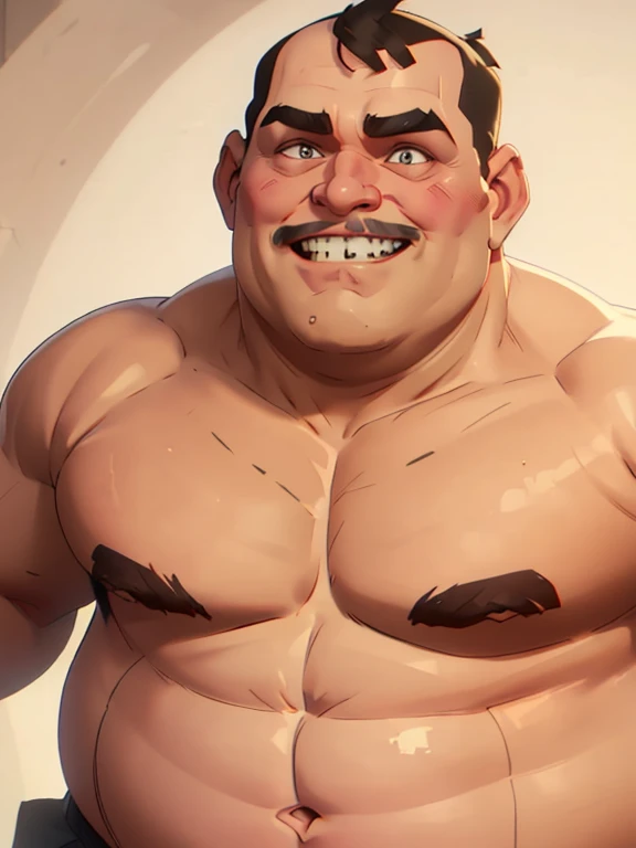 Greg, fat mid-50s overweight guy, dad-bod, slightly balding, dark eyes, big nose, ((((no-muscles)))), ((((shaved face))), (exaggerated evil-grin)