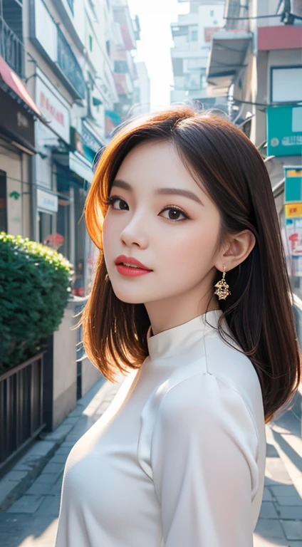 Beautiful girl: Asia, siêu dễ thương;
age: from 18-20 years old;
hair: copper orange color, silky, shiny under the sunlight, detail;
skin: milky white, rosy and flawless, shiny like metal;
eye: jet black, almond shaped, sexy, youthful, trong trẻo, siêu detail, elegant, graceful, deep makeup, true, attracts viewers;
mí eye: vẻ đẹp tinh tế, perfect, 2 me;
eyebrow: cong, dear, high solution;
Face: beautiful, pure, like a fairy, light makeup, lovely, cân đối perfect, đẹp đến từng detail;
nose: xinh, lovely, cao;
cheekbone: prominent;
lip: charming, son lip màu đỏ nhạt, son bóng lovely;
răng: regular, Lily-white;
Nụ cười graceful, Show off your bright white teeth;
Hình dáng cơ thể: full, graceful, youthful;
accessory: luxurious, fussily;
trang phục: high-class, Modern 2024, thin silk fabric;
Image quality: non-NSFW, 8K CG HD, High resolution, Super nice graphics, professional, detail, colorful, ultrafine, advanced techniques, RAW true;
light: complex color combinations, black gold rays;
light mặt trời: twinkle, illuminating the girl's body;
Wallpaper: modern buildings, blue sky view;
Photo theme: The girl wears a sign "Rio" to.