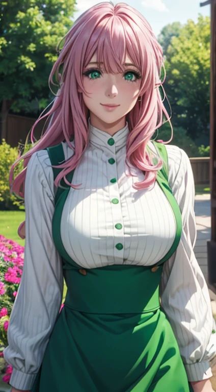 Cute girl, big breasts , long open hair, green color full sleeve clothes, white apron, green eyes and pink hair, short skirt, ultra realistic eyes , sunlight and garden background, bright purple eyes, ultra realistic detailed eyes, innocent eyes, looking at camera, beautiful smile, beautiful face ,pink color hair