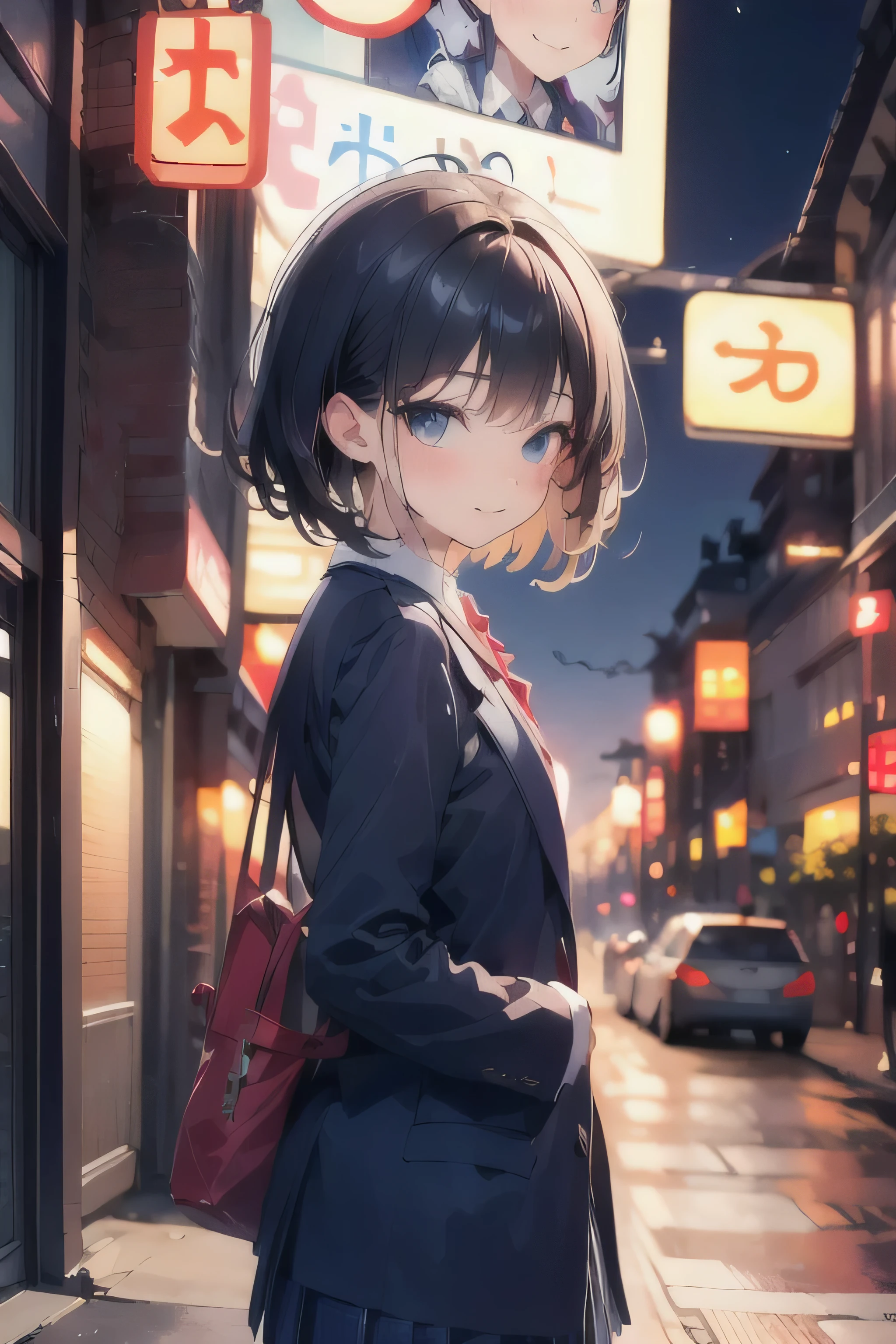 8k, masterpiece, highest quality, One Girl, semi-long, The background is Tokyo at night, A girl standing in the center of town, More backgrounds, spring, high school student, uniform, Warm colors, school bag, school bag, Accurate and highly detailed backgrounds, cute, Detailed face, fine grain, Beautiful Eyes, Facing forward、Looking at the viewer diagonally below, Put your hands in your pockets, Black Hair,