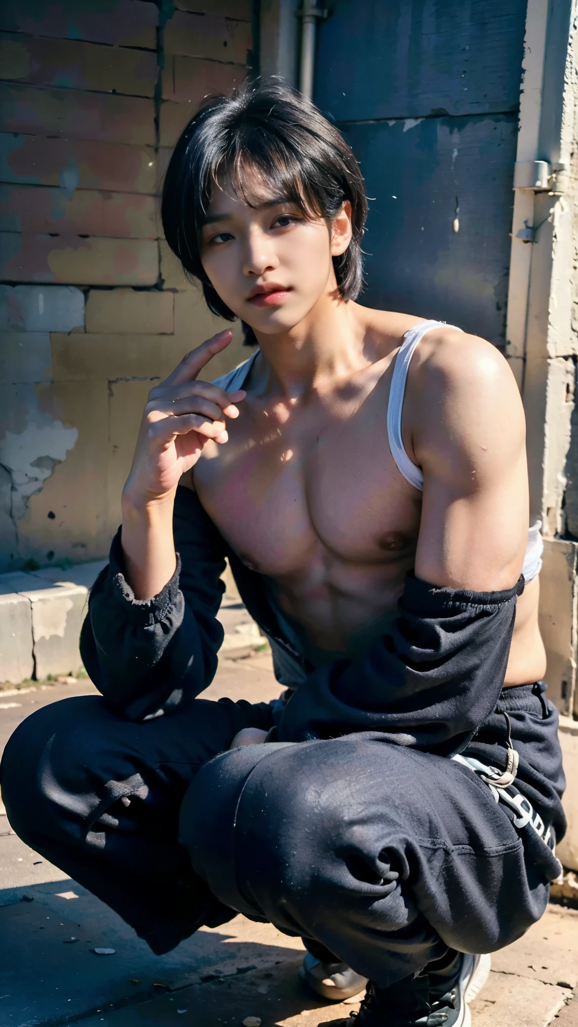 Realistic photos, 8k,(((Bob cut ladyboy,transgender,otokonoko))),(((Dirty back alley,Crouching,Pale face,It is dirty,Bad smell,dirty,odor,Homeless,Depraved,Handsome young Korean ladyboy with bob cut))),(((Very big eyes,Glaring at the camera,Frowning))),Chest is male,18-year-old,(Ultra-realistic), (figure), (High resolution), (8k), (Very detailed), (Best figure), (Beautiful fine details), (highest quality), (Super detailed), (masterpiece), (wallpaper), (Detailed face), ((whole body,Flat Chest,Very muscular,fitness muscle)),alone,Black hair bob cut,(((A girl with makeup on her face,The body is a perfect man))), Dirty tracksuits,Training pants,Transgender,Korean,kpop,Muscular male chest