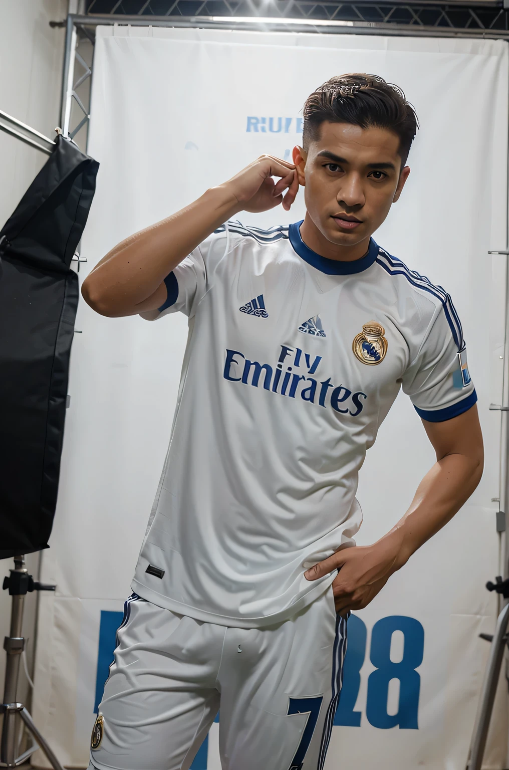 Buatkan foto studio laki-laki yang ber umuran 25 tahun memakai Jersey real Madrid