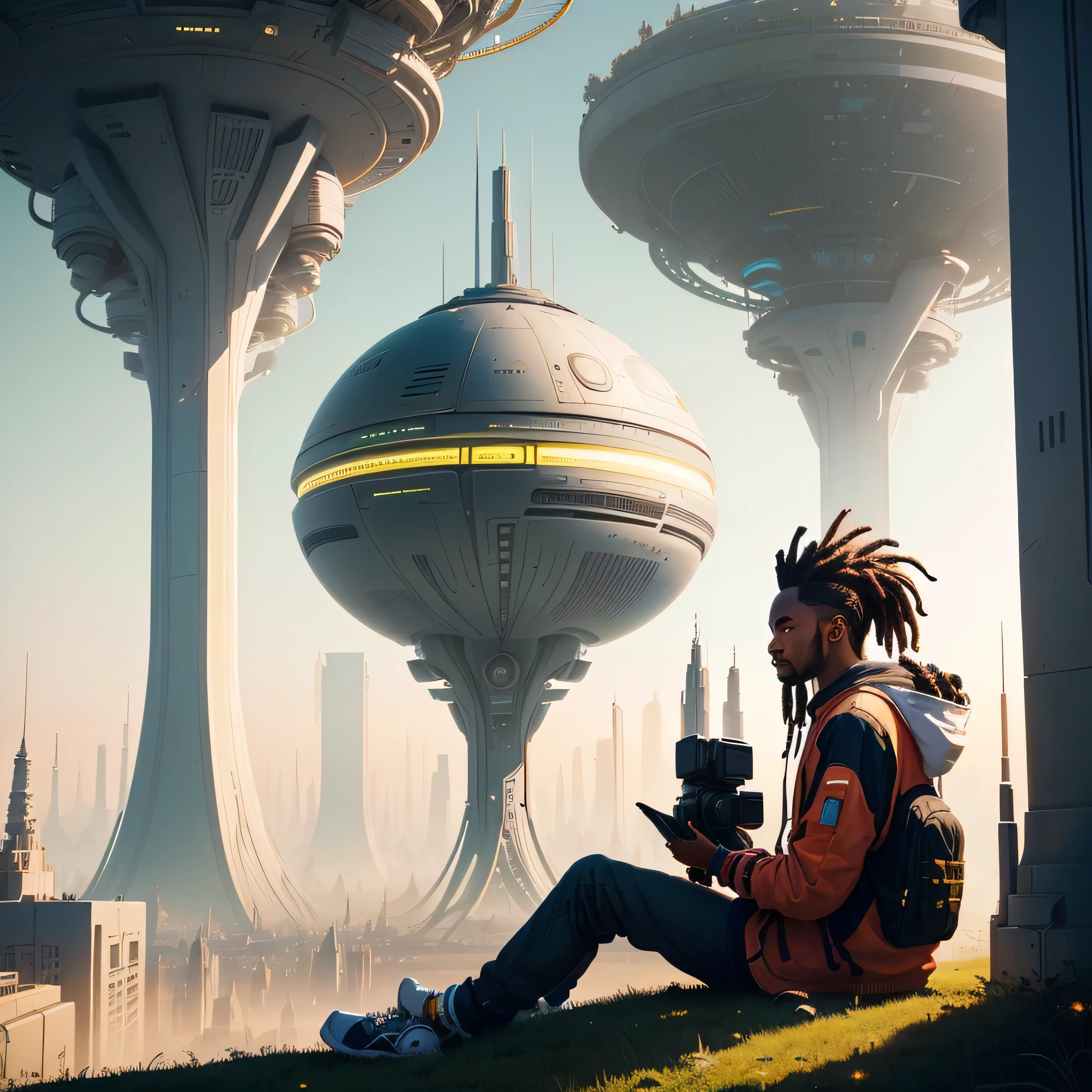 there is a man with dreadlocks sitting in front of a futuristic city, In front of a sci-fi cityscape, Jorge A. tsoukalos, in a park on a alien planet, in a park on a alien planet, Eric Parker, Greg Beeple, inspirado por Mike "bipe" Winkelmann, in a castle on an alien planet
