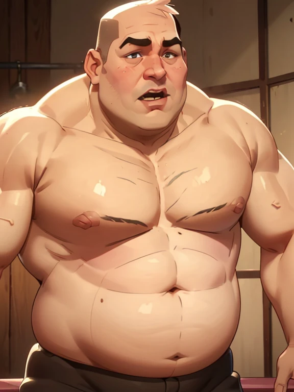 Greg, fat mid-50s overweight guy, dad-bod, slightly balding, dark eyes, big nose, ((((no-muscles)))), ((((shaved face))), (open mouth)