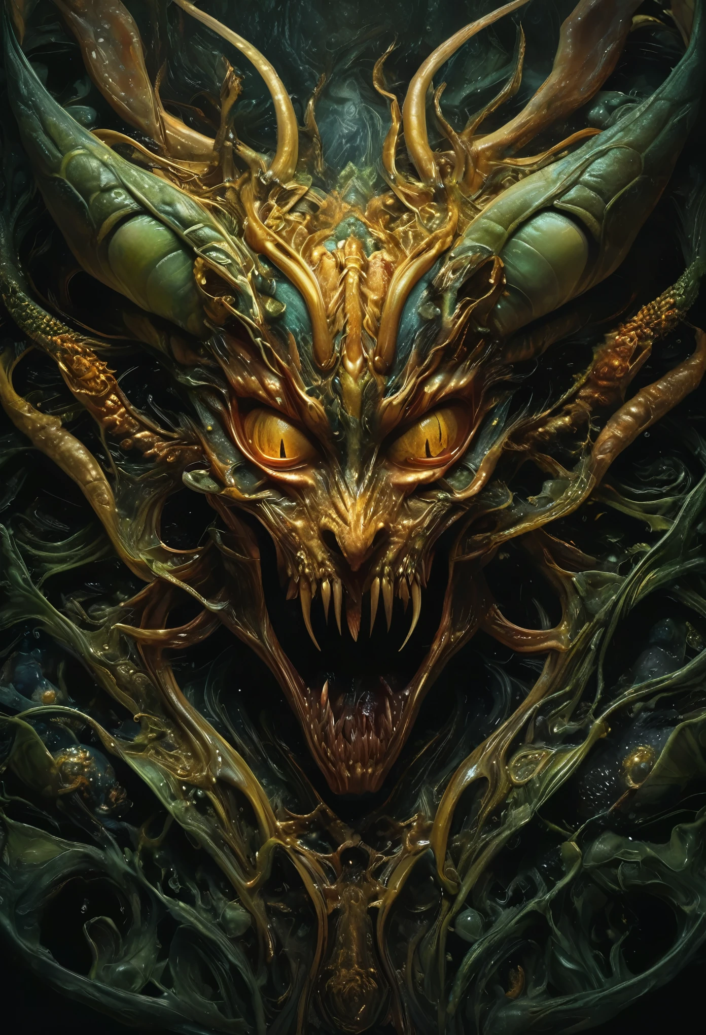 (highest quality,4K,8k,High resolution,masterpiece:1.2),Very detailed,(Realistic,photoRealistic,photo-Realistic:1.37),In the depths of the forest, under the veil of twilight, there exists a creature born of nightmares. Its form is a grotesque fusion of beauty and terror. Imagine the graceful curves of a woman's body, adorned with smooth, alabaster skin, now marred by the sinister presence of a wasp's anatomy.
From her slender shoulders sprout the wings of a mighty hornet, their translucent membranes shimmering in the dim light. Her delicate fingers morph into the sharp, needle-like appendages of the insect, dripping with venomous malice. Eyes, once pools of captivating allure, now gleam with the predatory glare of the hive's queen.
Yet, the horror does not end there. The creature's abdomen swells with the pulsating form of a monstrous nest, each cell teeming with the buzzing life of a thousand stingers. With every movement, the hum of impending doom fills the air, sending shivers down the spines of any who dare to witness this abomination.
She moves with an unsettling grace, a deadly dance of elegance and death. Her presence is a chilling reminder of nature's dark side, where beauty and horror merge into a singular, terrifying entity. This, dear reader, is the embodiment of fear itself—a haunting vision of a woman consumed by the venomous embrace of the hornet's curse.