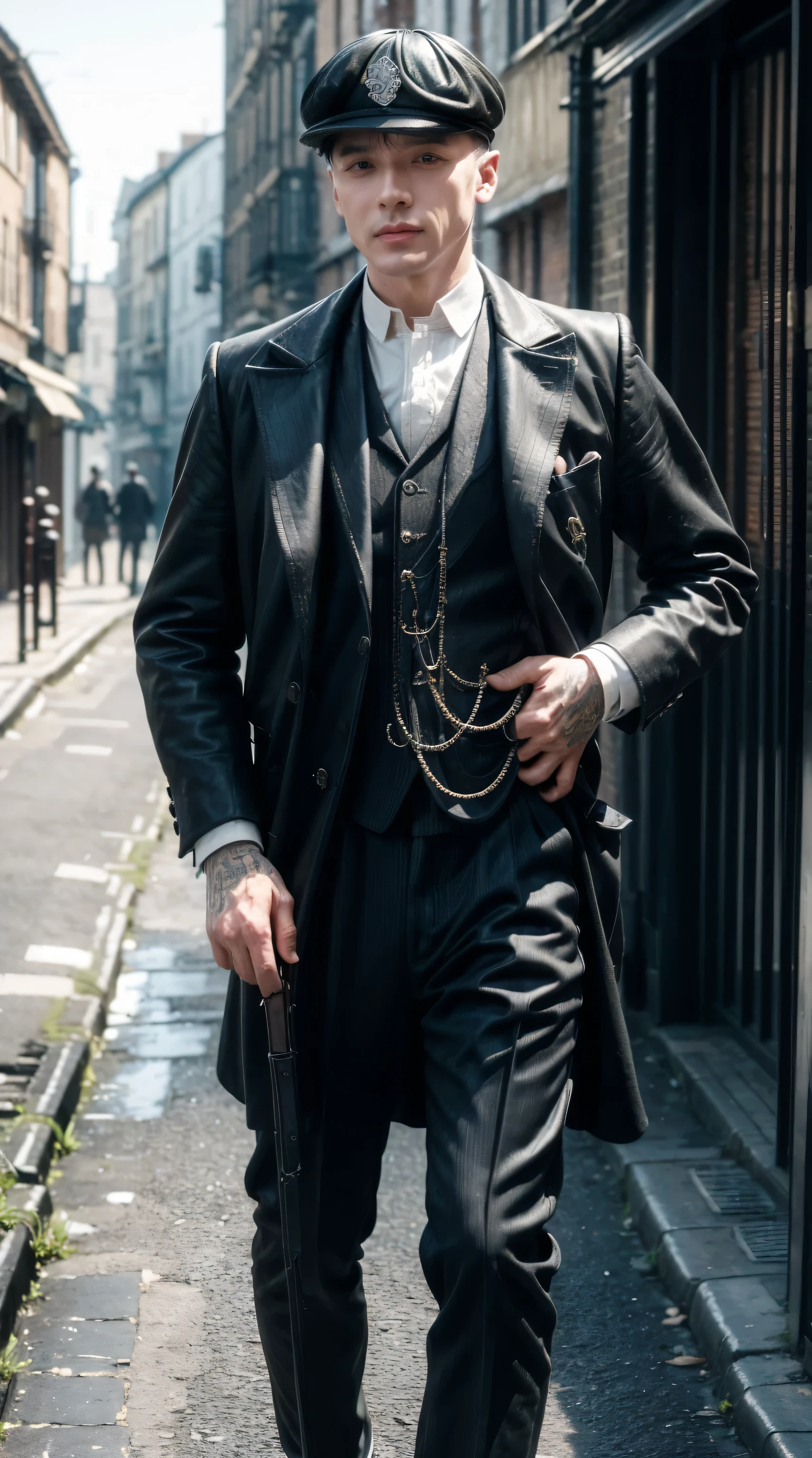 photo (Creatinine clearance:1), A man like Peaky blinder, (Grinning:1.3), (Face focus), Model shooting style, (Extremely detailed CG Unity 8K wallpaper), Wheels within wheels, High Detail, Clear focus, dramatic, Photorealistic art by midjourney and greg rutkowski , (Walking in the London Slums), (Wearing a peaked cap:1.1), (Detailed student:1.2), (Dynamic poses:1.2), (Peaky Blinders:1.2), (Holster guns), (Hands on hips:1.2), (close up:1.1)