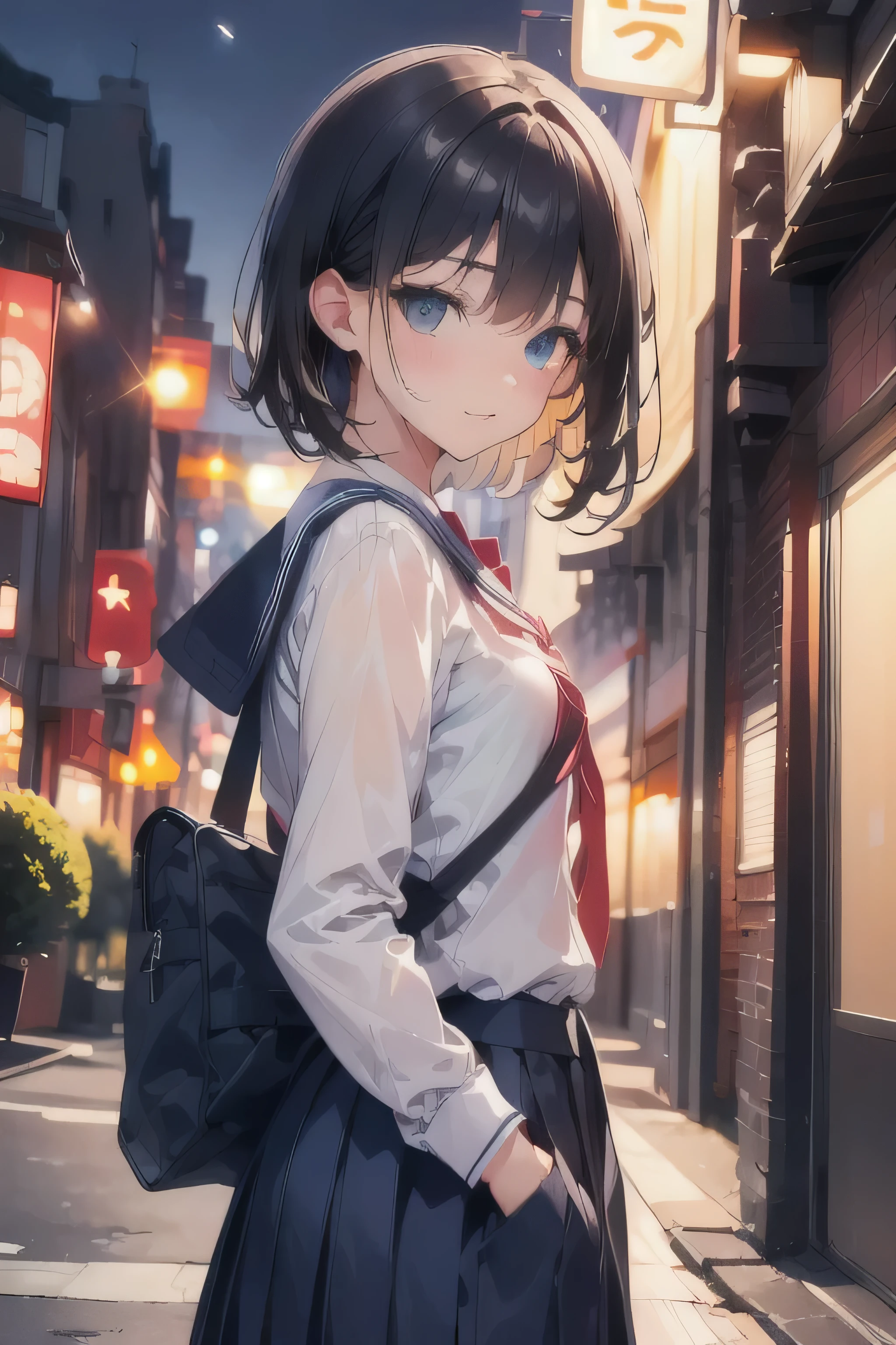 8k, masterpiece, highest quality, One Girl, semi-long, The background is Tokyo at night, The composition of the image is long.,A girl standing alone in the town, spring, high school student, uniform, Warm colors, school bag, school bag, Accurate and highly detailed backgrounds, cute, Detailed face, fine grain, Beautiful Eyes, Facing forward、Looking at the viewer diagonally below, Put your hands in your pockets, Black Hair,