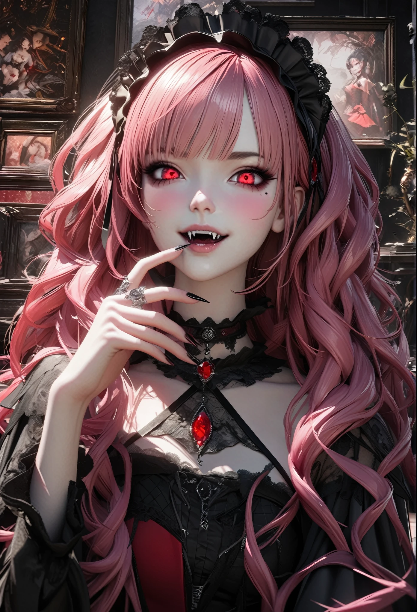 She has pink hair and bangs, a ring on her finger, white skin, sharp eyes, dark makeup, long acrylic nails painted in silver, an intricate ring on her finger, and fangs on her mouth. She's a very cute goth anime girl wearing a vampire costume. She exudes sophistication and coolness. Vampire mansion and spider web in the background in hyper-realistic style. fashion style, mysterious smile, --ar 3:4 --niji 6 --style raw --s 1000 masterpieces, high quality, very detailed, high resolution, high resolution, high resolution, 4K, 8k, Unity 8k Wallpaper, Highly Detailed CG, Masterpiece, Realistic, 2D, 3D, Beautiful Details, Depth, Fine Texture , Best Quality: 1.3, Fully Focused, Crispy Skin, He,
, vampire costume, pink medium-long hair wearing high , one girl , alone , pink medium-long hair , vampire , computer , disk , mole under his eye , looking at his viewer , high , blush , mole , lips parted headdress, his art, red eyes, choker
